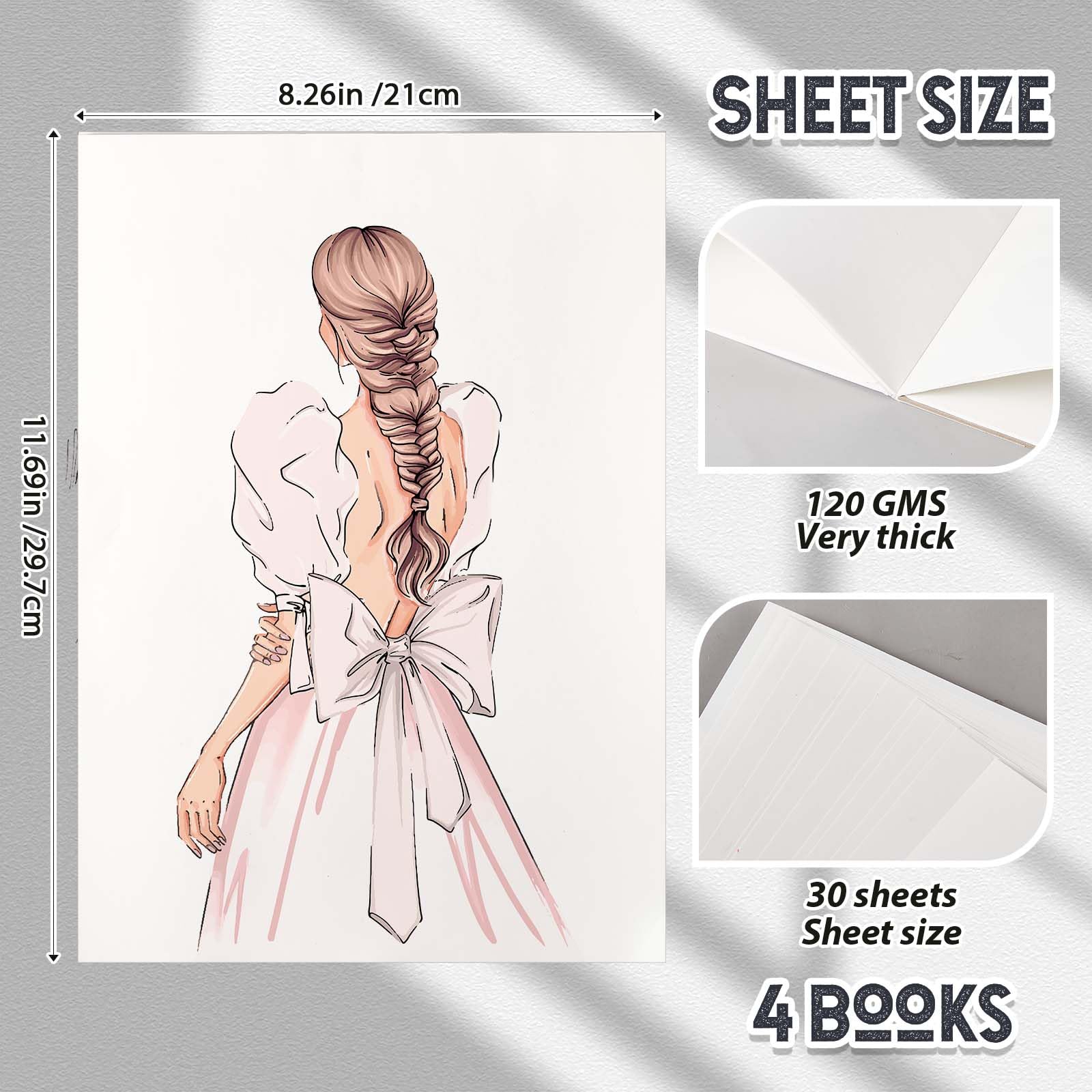 Kosiz 4 x Markerpapierblock, 120 Blatt, 21,6 x 29 cm, Gesamtmarkerpapier, 80 g/m², Markerpapier, Skizzenbuch, Skizzenbuch, blutungssicher, Markerblock zum Zeichnen, Färben, Alkoholmarker,