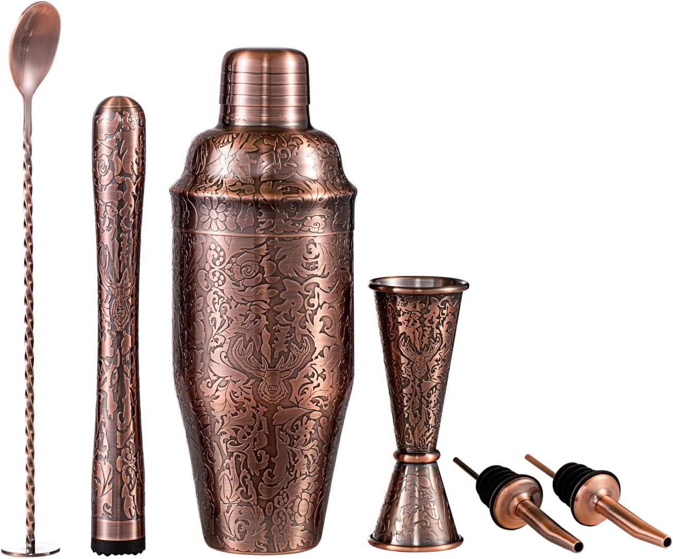 SKY FISH 3D Etching Cocktail Shaker Set Bartender Kit with Cocktail Shaker,Jigger, Muddler, Bar Spoon, Bar Accessory Tools, Reindeer Deer Head Pattern, Stainless Steel, Copper Plated