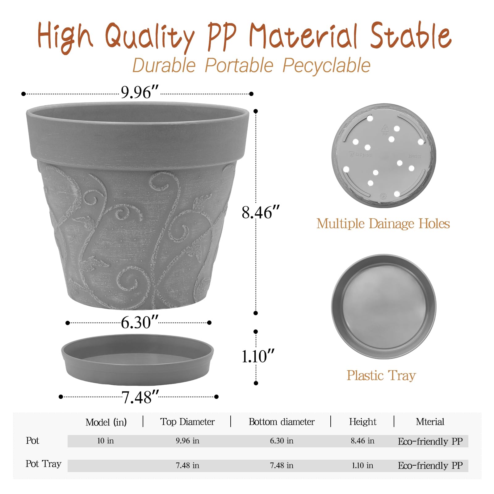 ZMTECH 25 cm Pots avec Soucoupes et Trous de Drainage, Pot de Plante Plastique Aspect Terre Cuite, Pot de Fleur Grand avec Plateau pour Plantes d'Intérieur Extérieur (Gris, Lot de 2)