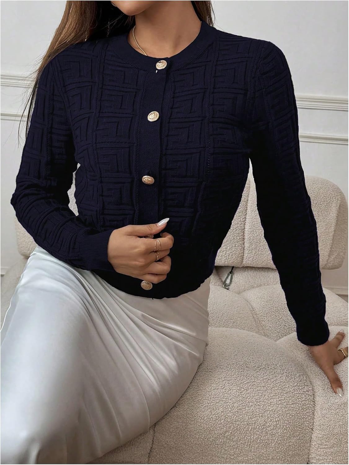 Floerns Women's Button Down Cardigan Sweater Crew Neck Long Sleeve Knit Casual Outerwear - Image 5