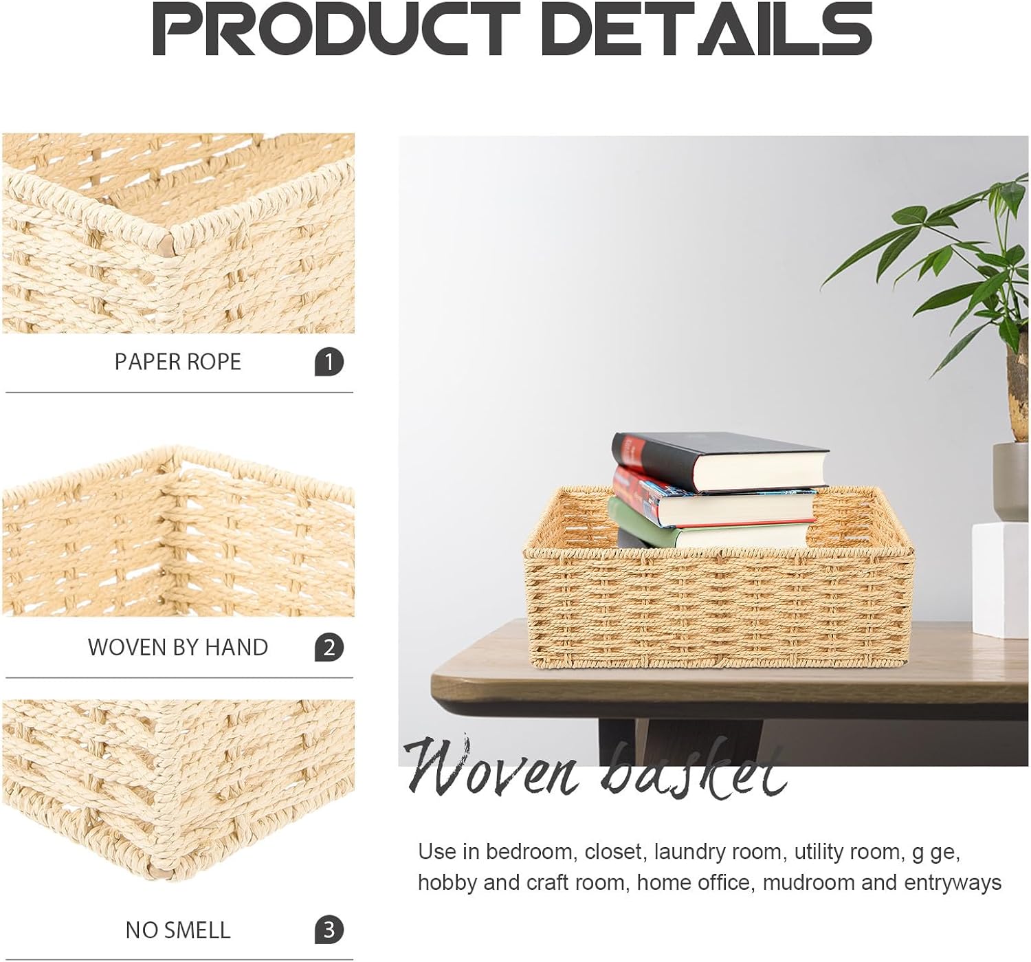 Beige Paper Rope Woven Storage Basket with Iron Frame Desktop Organizer