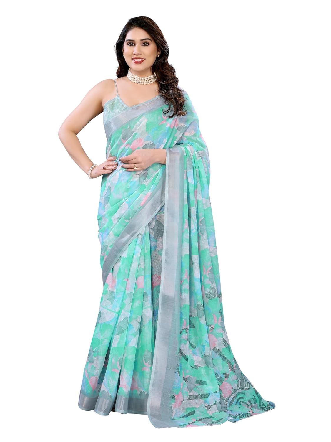 ROOP SUNDARI SAREES Women’s Floral Printed Fancy Linen Zari Patta...