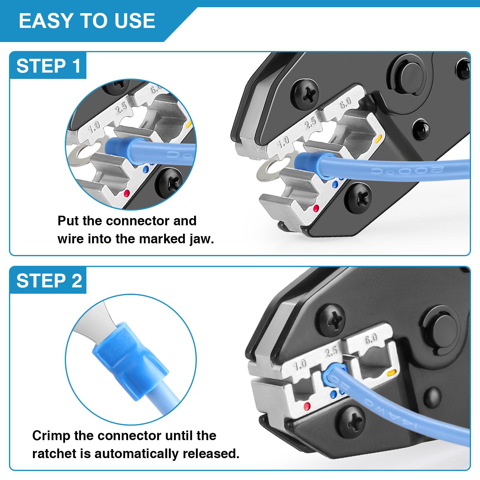 Plustool Herramienta de prensado para conectores eléctricos aislados AWG 22-10 - Crimpadora de terminales de alambre de carraca - Alicates de prensado - Herramienta de crimpado eléctrico - Herramienta