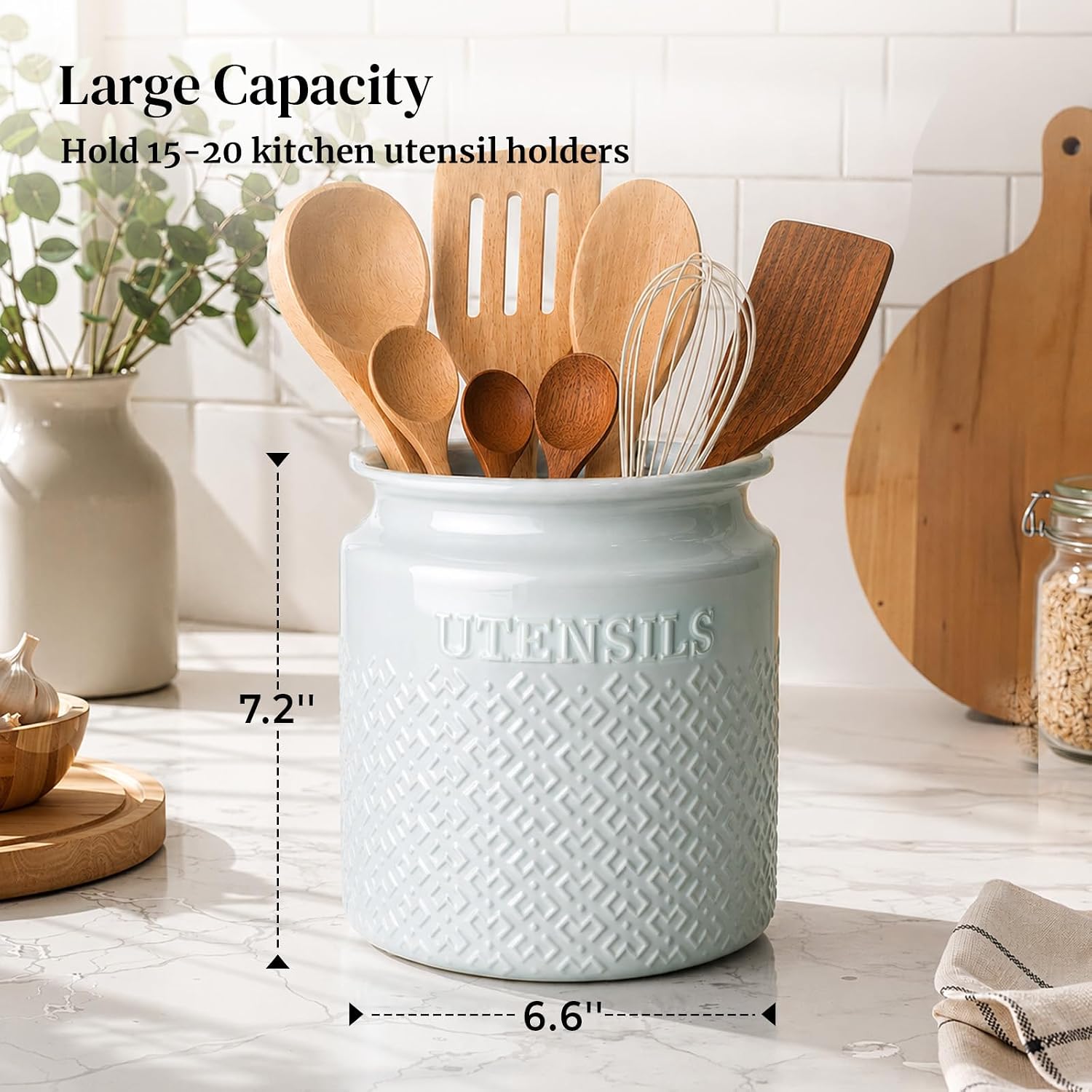 DOWAN 7.2" Large Ceramic Utensil Holder for Kitchen Countertop, Light Blue