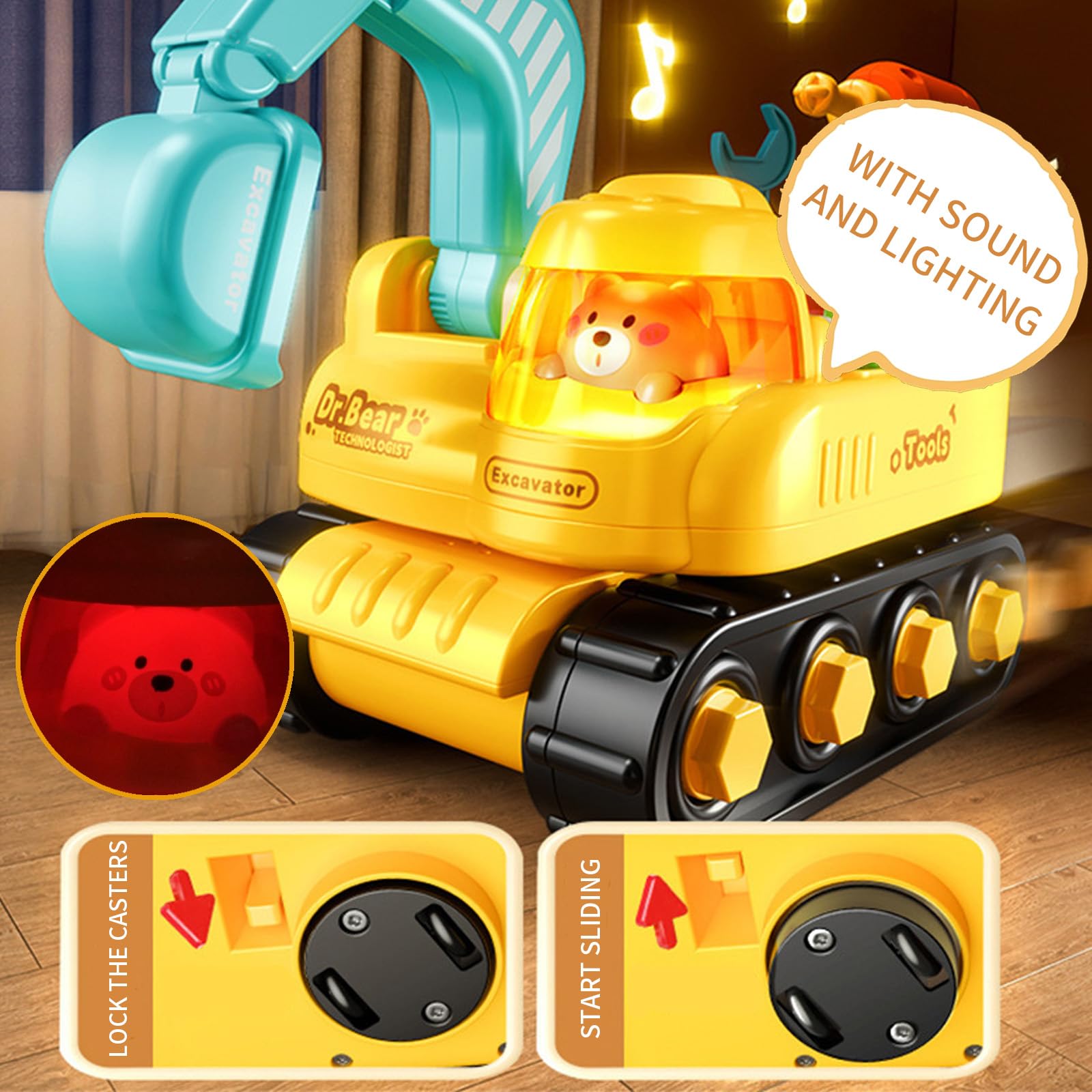 Pelleteuse Enfant, Bricolage Engin de Chantier Enfant avec LED éclairage & Musique, DIY Educatif Montessori Creatif Tracteur Jouet, Etabli avec Visseuse Perceuse Outilsenfant Cadeau Garcon 4 ans