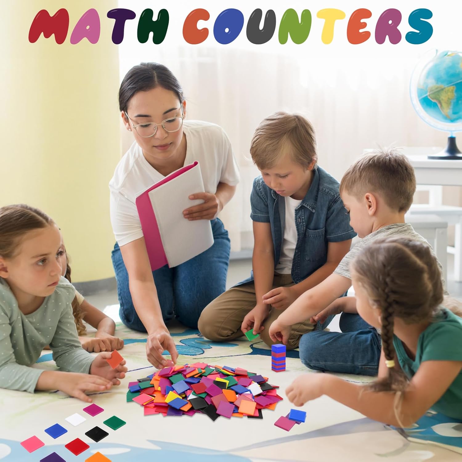 Coopay 1000 Pcs Plastic Square Color Tiles, Bingo Chips, Poker Chips, Color Sorting, Math Counters, Game Tokens, Counting Manipulatives for Kids Elementary School Classroom Learning Development Toys