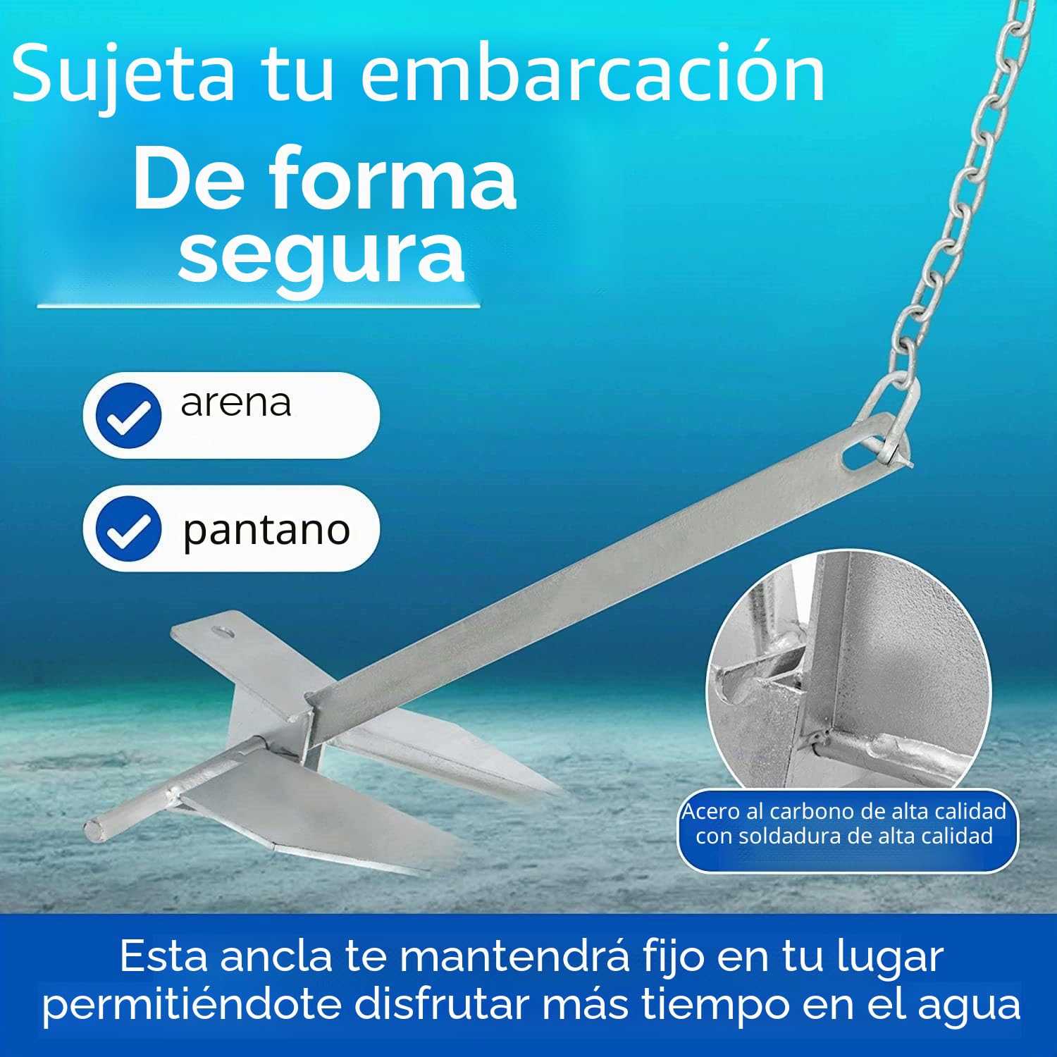 Kit de Anclaje para Barcos: Acero galvanizado en Caliente, Ancla Fluke de 6 kg con Cadena de 2 m y Cuerda de 30 m para pontones, veleros y Yates de hasta 9,5 m