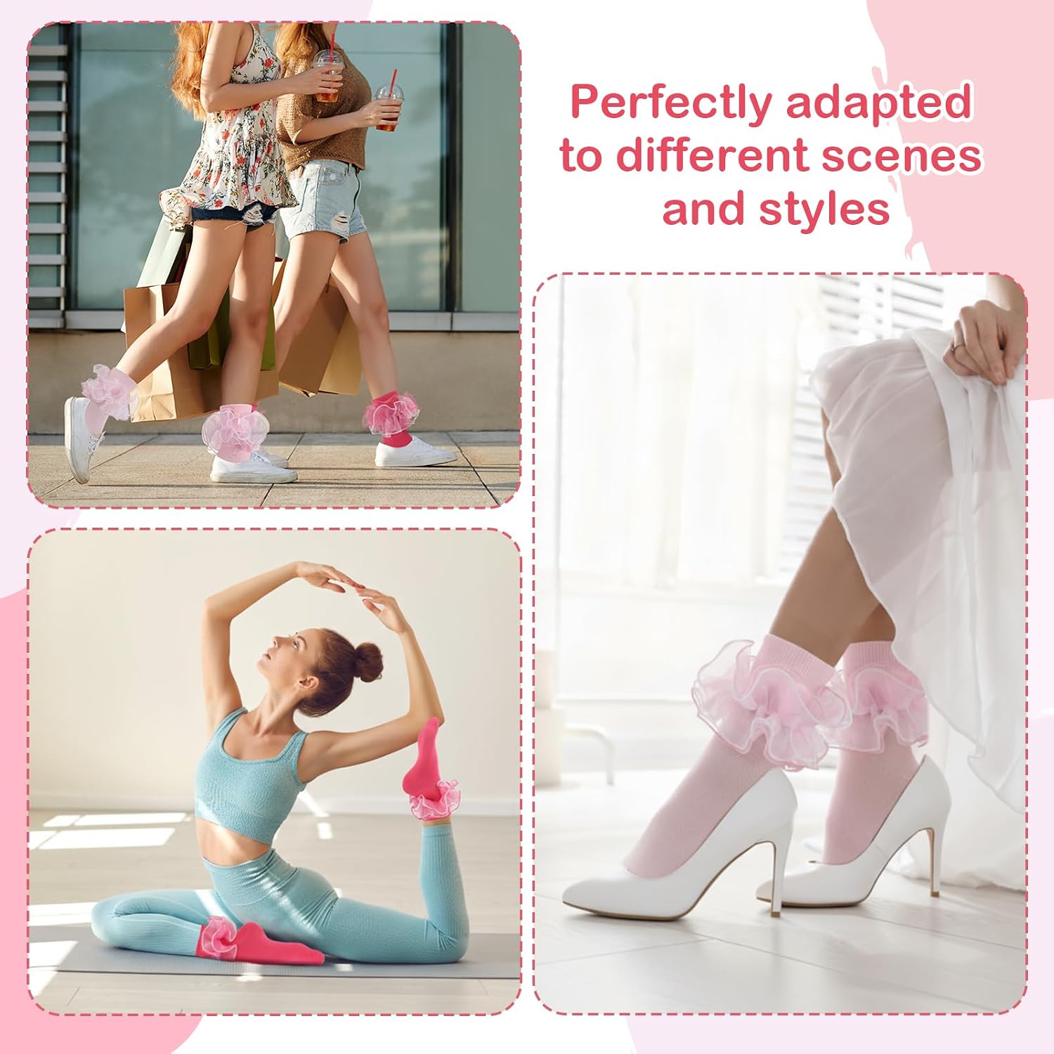 3 Pairs Women Big Ruffle Socks, 4-Layer Lace Turn Cuff Dress Socks Cotton Frilly Ankle Sock for Ladies Women