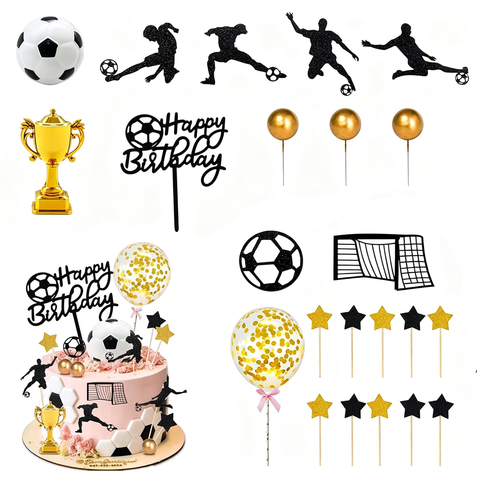 Daxiangsheng Football Cake Decorations, Soccer Theme Gold Trophy Personalised Cake Topper for Boys Football Birthday Party Supplies School Activities Parties