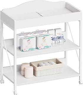 Yetom Baby Changing Table, Diaper Changing Station with Pad and Wheels, Two-Tier Open Storage Shelves, Waterproof Diaper pad & Safety Strap, Compact Baby Furniture for Nursery, White