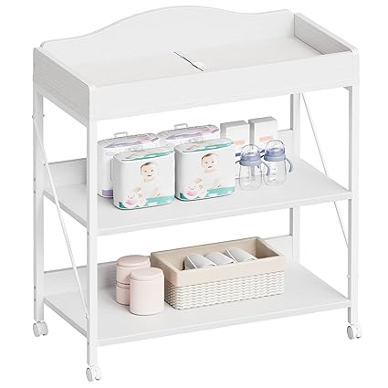 Yetom Baby Changing Table, Diaper Changing Station with Pad and Wheels, Two-Tier Open Storage Shelves, Waterproof Diaper pad & Safety Strap, Compact Baby Furniture for Nursery, White