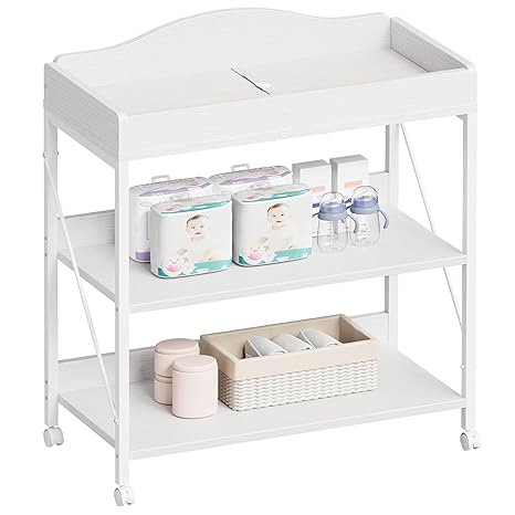 Yetom Baby Changing Table, Diaper Changing Station with Pad and Wheels, Two-Tier Open Storage Shelves, Waterproof Diaper pad & Safety Strap, Compact Baby Furniture for Nursery, White