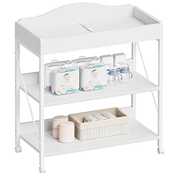 Yetom Baby Changing Table, Diaper Changing Station with Pad and Wheels, Two-Tier Open Storage Shelves, Waterproof Diaper pad & Safety Strap, Compact Baby Furniture for Nursery, White