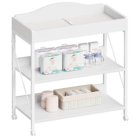 Yetom Baby Changing Table, Diaper Changing Station with Pad and Wheels, Two-Tier Open Storage Shelves, Waterproof Diaper pad & Safety Strap, Compact Baby Furniture for Nursery, White