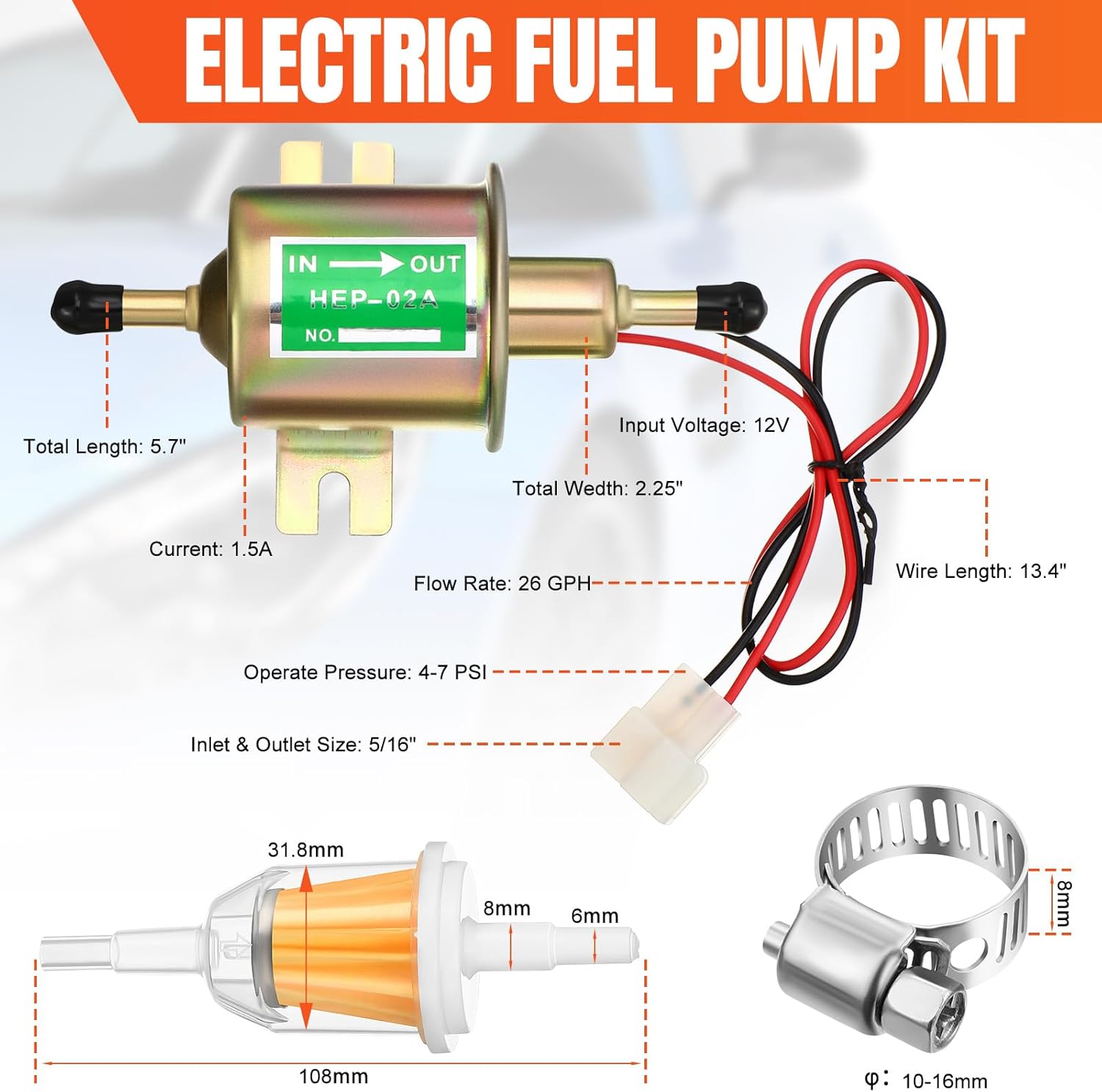 Threlaco 2 Pcs Electric Fuel Pump Kit 12v Universal Low Pressure 4-7 Psi Gas Diesel Inline Pump with 2 Fuel Filter and 8 Hose Clamp Carburetor Hep-02a Lawn Mower Transfer Machine(Gold)