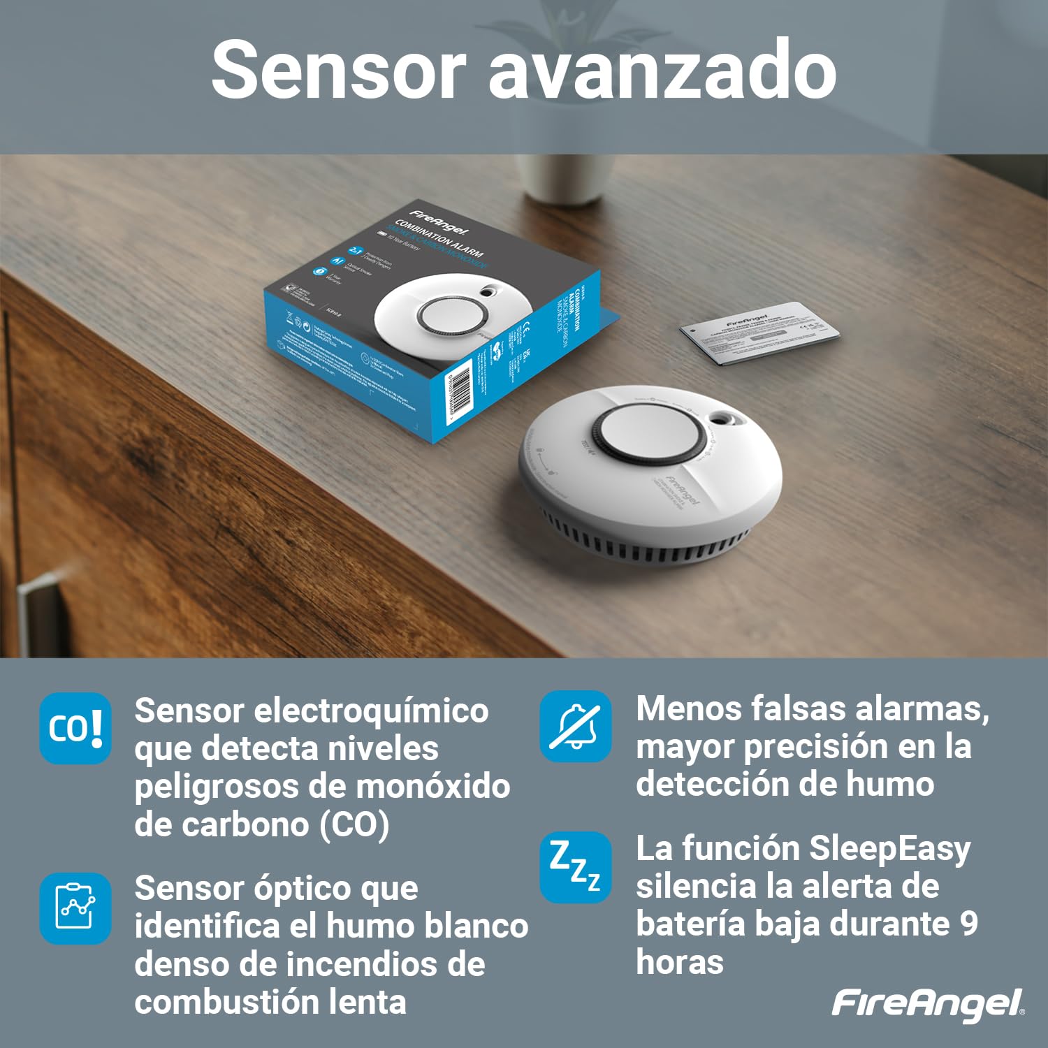 FireAngel Detector de Humo y Monóxido de Carbono para Casa Combinado, SCB10-INT – Doble Sensor de Humo y CO de 10 Años de Duración