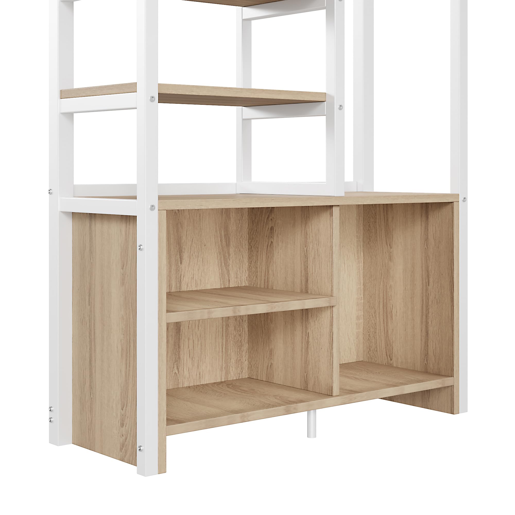Merax Kinderbett Hochbett 90x200, Etagenbett mit Schreibtisch, Steckdose & USB, Metallbett mit Kleiderschrank und Regale, Bettgestell(ohne Matratze) für Kinder und Erwachsene, Weiß
