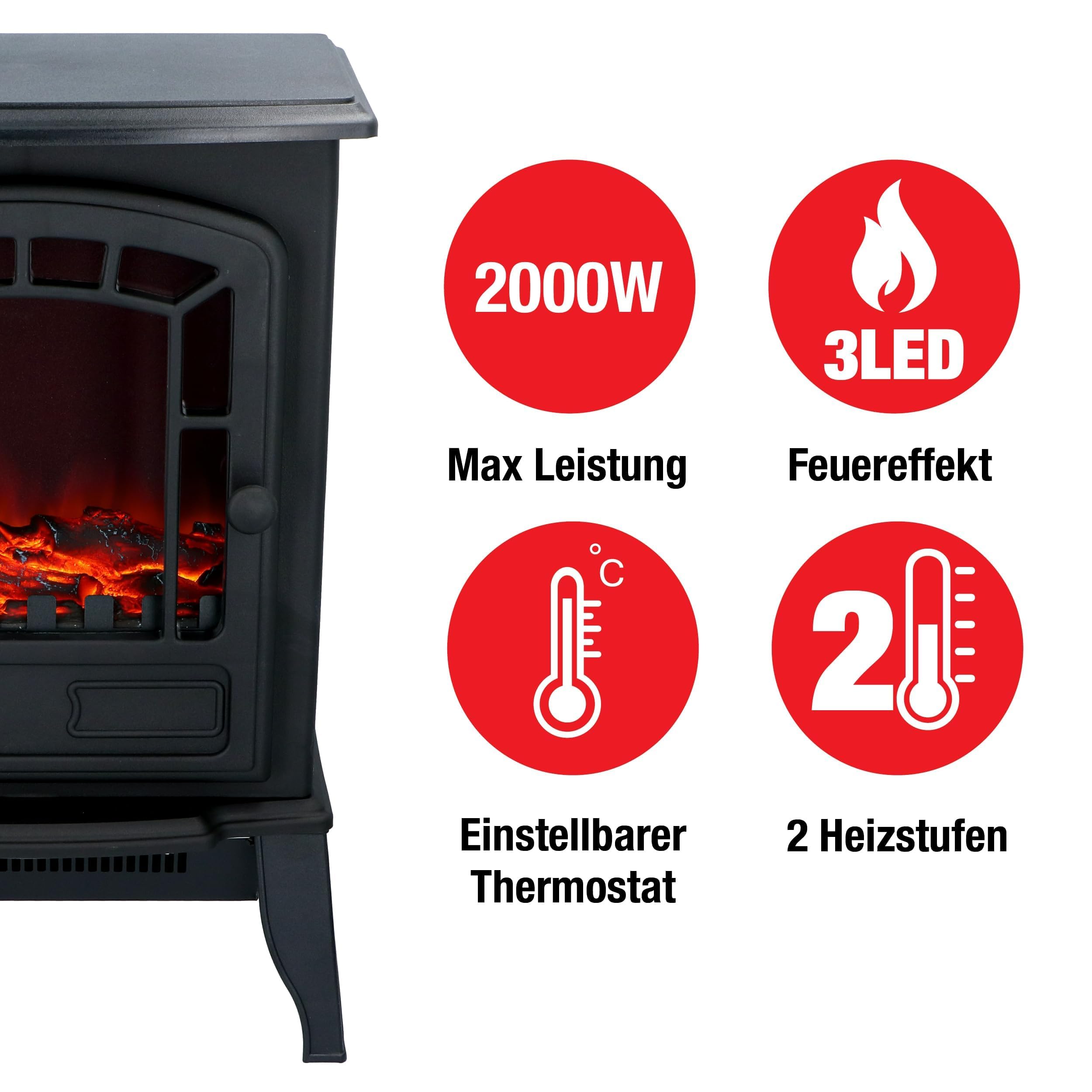Torino Camineo Elettrico - Caminetto Elettrico con Riscaldamento, Pannello di Controllo e Timer - Stufa Elettrica con Fiamme LED - 2000W - Libera Installazione - Nero