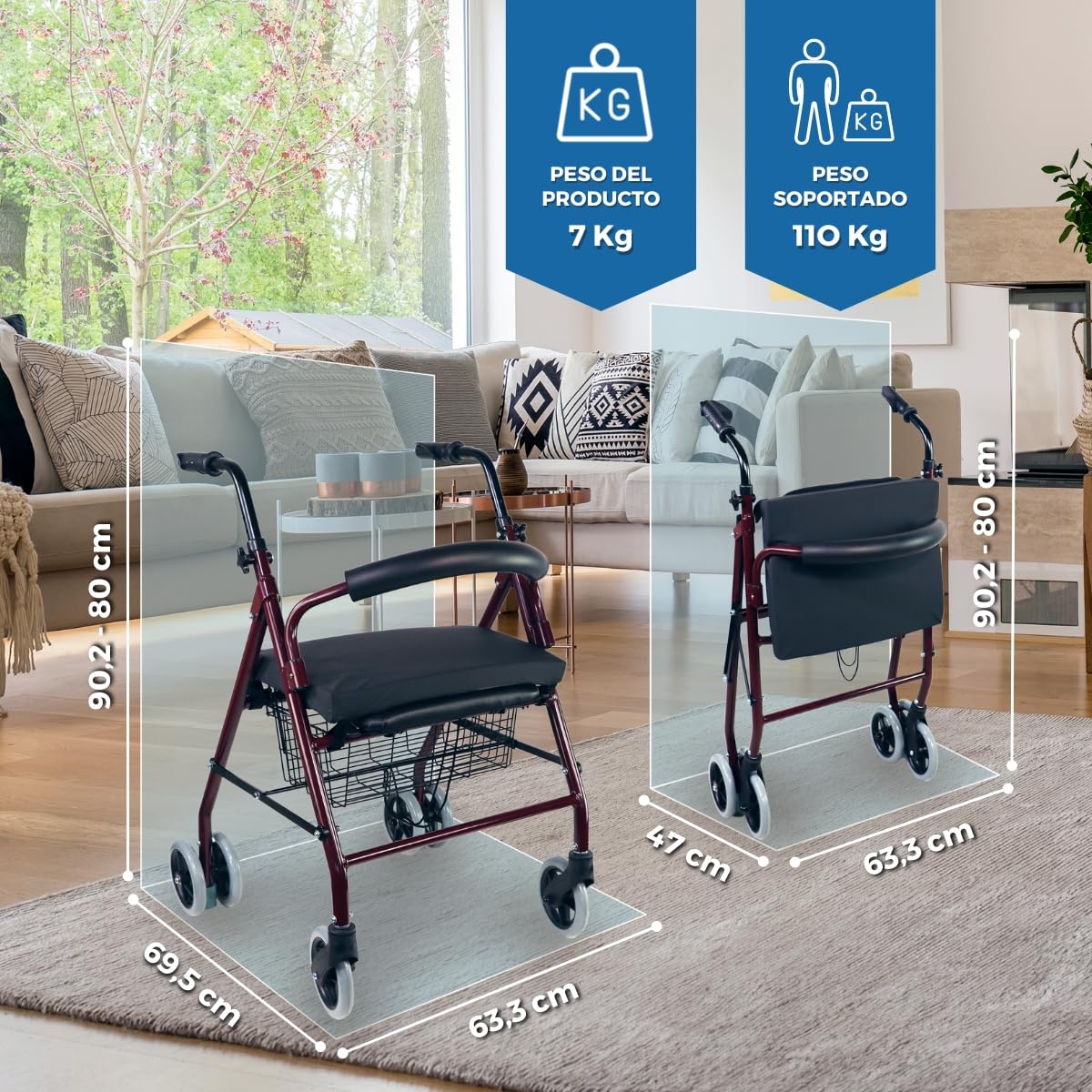 Mobiclinic, Andador con cojín viscoelástico, Prado plus, Frenos por presión, Aluminio, Plegable, Cesta, Asiento, Para sillas y andadores, Ancianos, Ligero, 4 ruedas, Burdeos