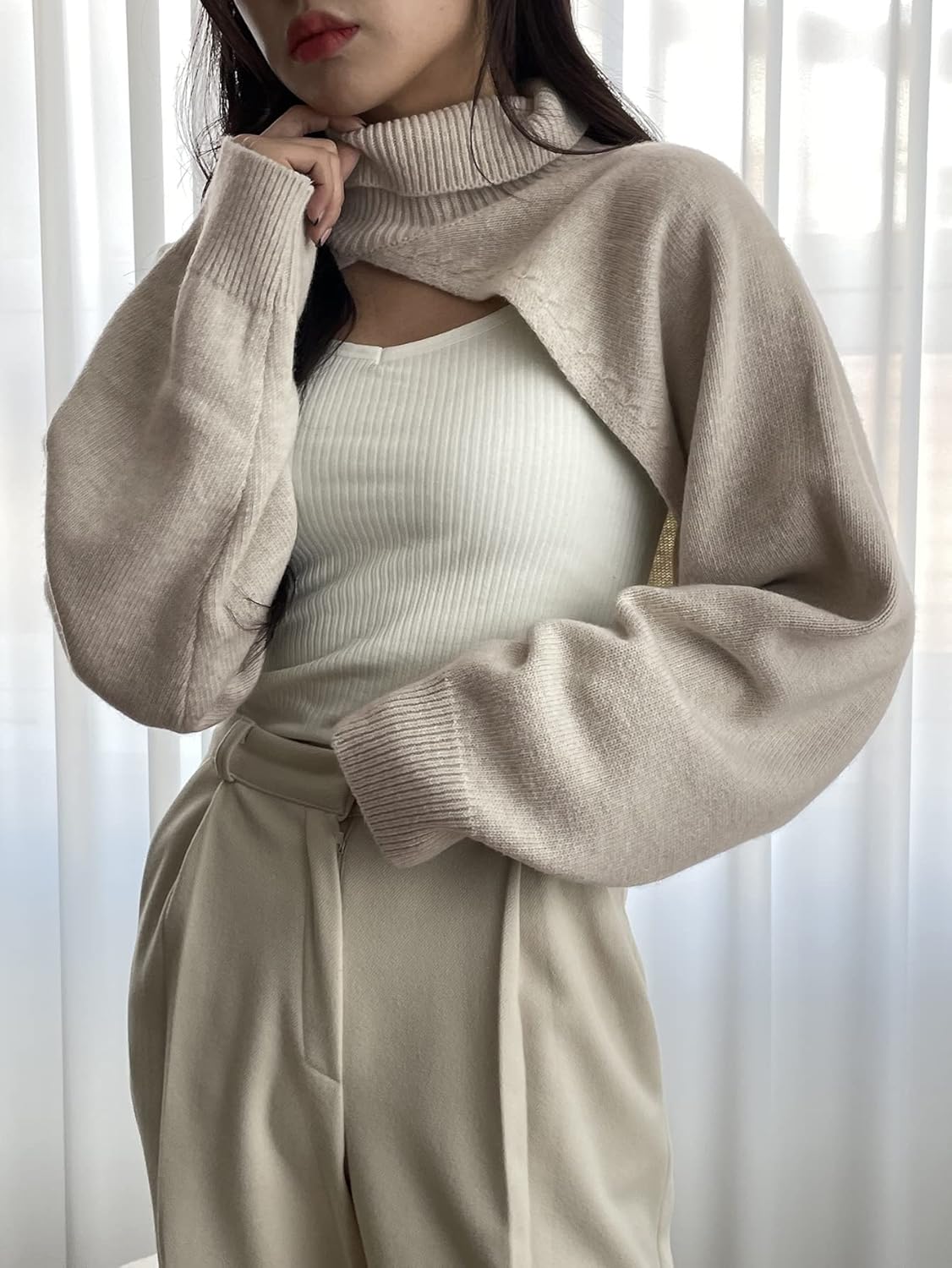 Women's Sweater 1pc Turtleneck Batwing Sleeve Shrug Sweater Sweater for Women (Color : Apricot, Size : Medium)