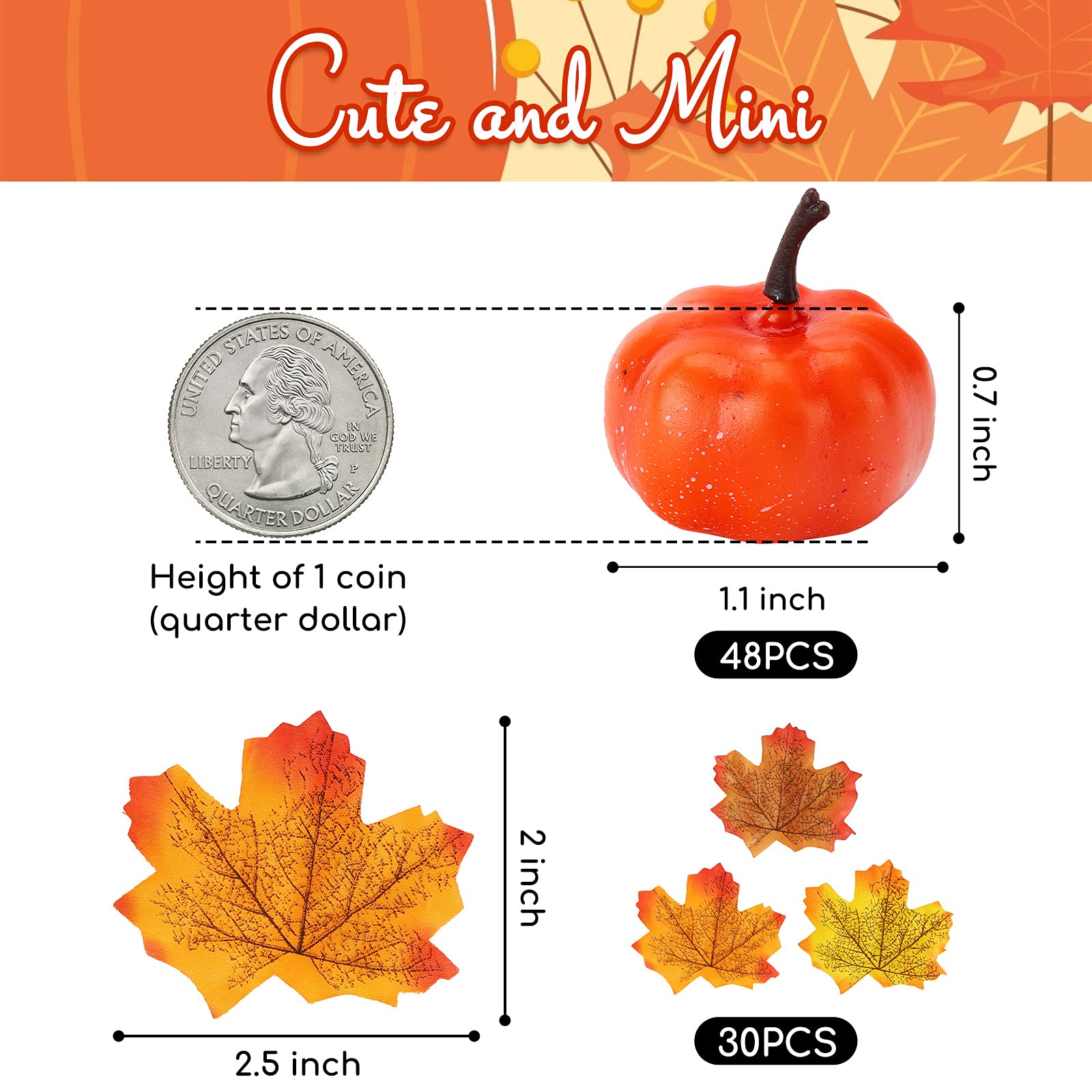 HAKACC 40 PCS Mini Fake Pumpkins Mini Artificial Pumpkins with 30 PCS Fake Maple Leaves, Small Cute Realistic Foam Pumpkin for Halloween Decoration, Fall Harvest Thanksgiving Party Decoration