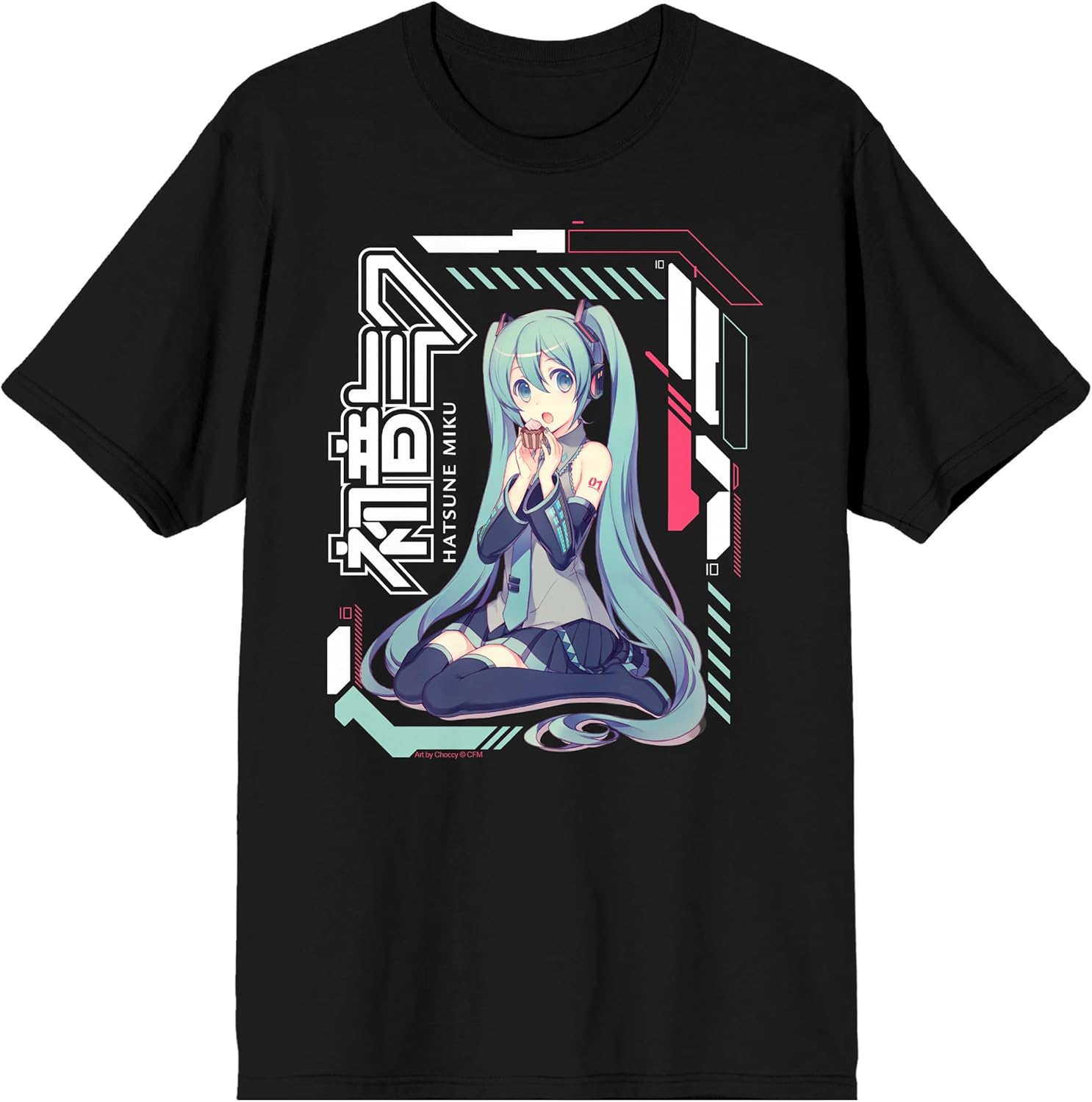 Bioworld Hatsune Miku Futuristic Patterns Adult Black Crew Neck Short Sleeve T-Shirt-Large