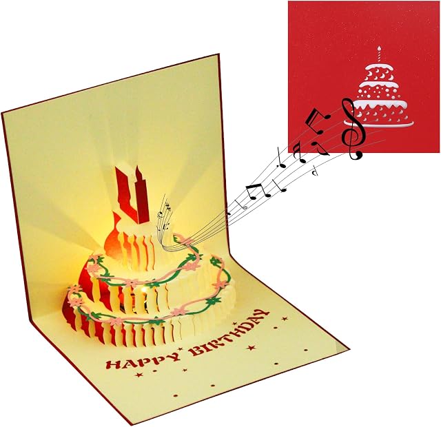 Pop Up Happy Birthday Candle Cards 3D Cake Greeting Card Singing and Glowing Birthday Cards with Envelope,LED Light Happy Birthday Music Card with Envelopes Happy Birthday Gift for Men Women (Red 1)