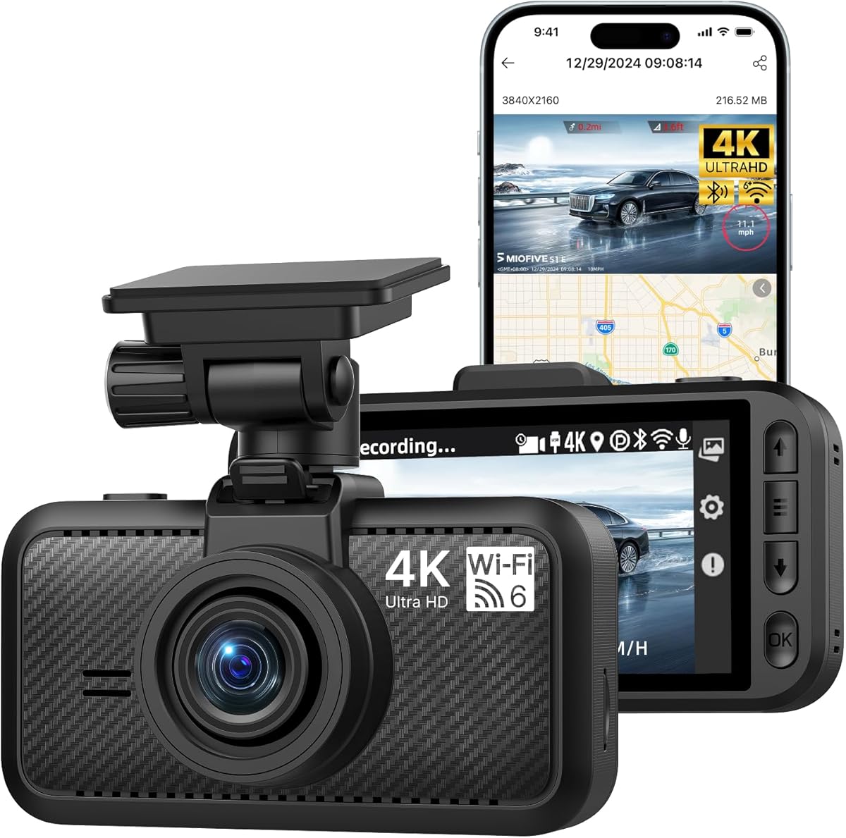 Miofive Dash Cam Front, S1 E Car Camera, Built-in WiFi & GPS Car Dashboard Camera Recorder with 4K/2160P UHD, App, 3" IPS Screen, WDR Night Vision, 24-Hour Parking Monitor, Loop Recording, G-Sensor