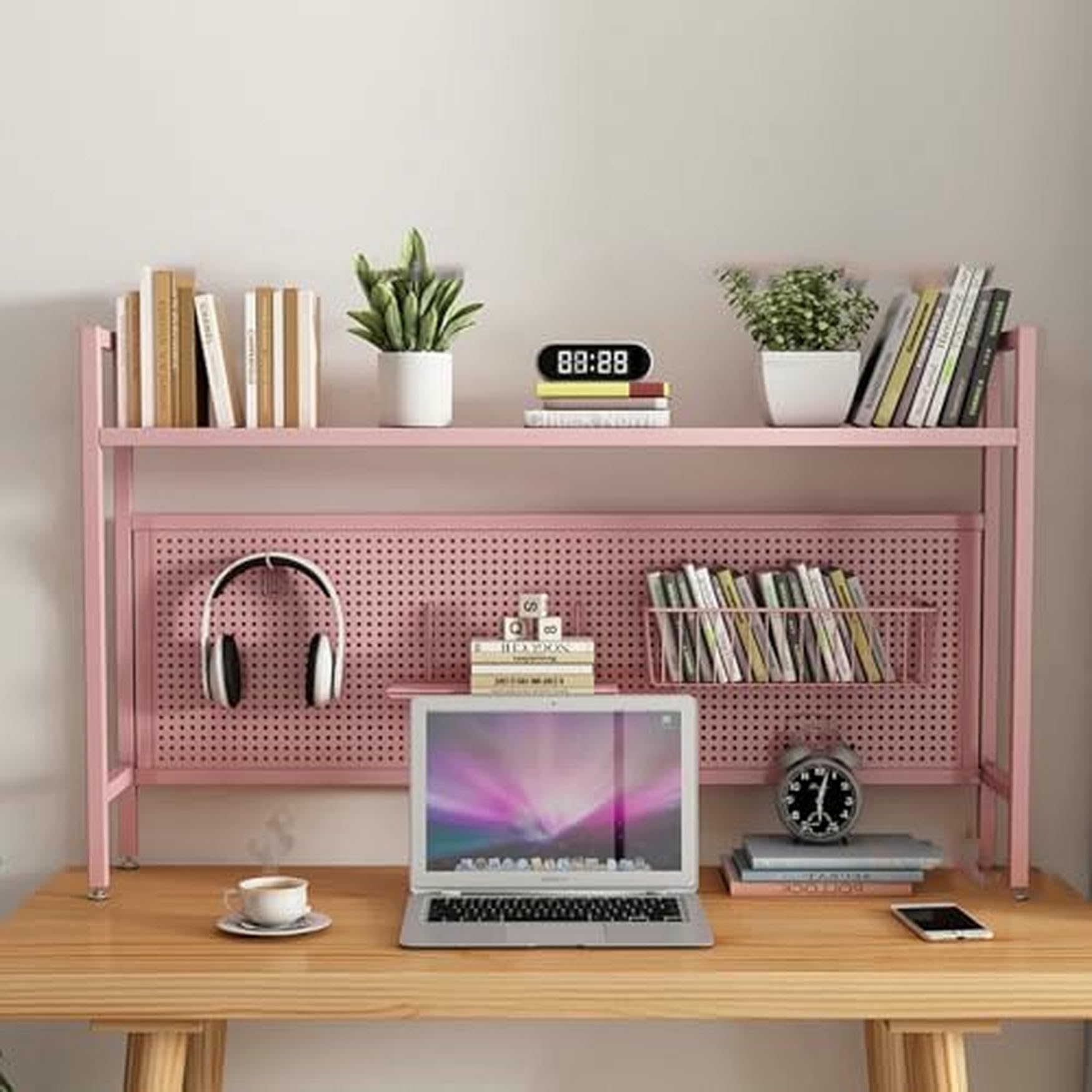 CWCQGH Black Desktop Hutch & Bookshelf - 95cm Student Pegboard Bookcase for Dormitory & Home Office - Computer Desk Storage Rack & Display, Single Layer Organization Solution,Pink Single Layer-95cm