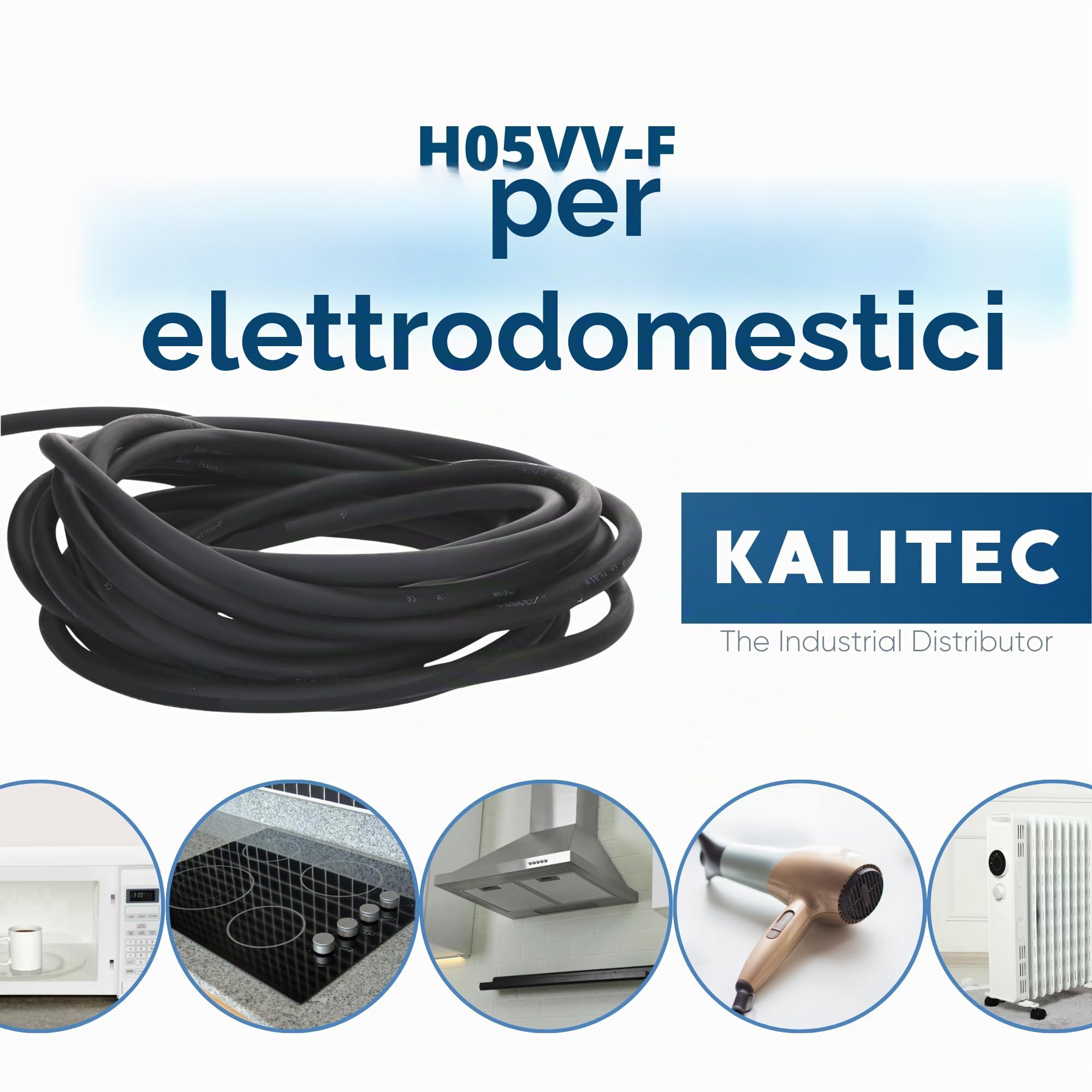 Kalitec H05VV-F - Cavo Elettrico 10 m, 3G2,5 mm², Nero, Filo PVC per | Tubo flessibile per lampade ed elettrodomestici, conduttore di protezione, tensione 300/500 V, isolamento robusto in PVC