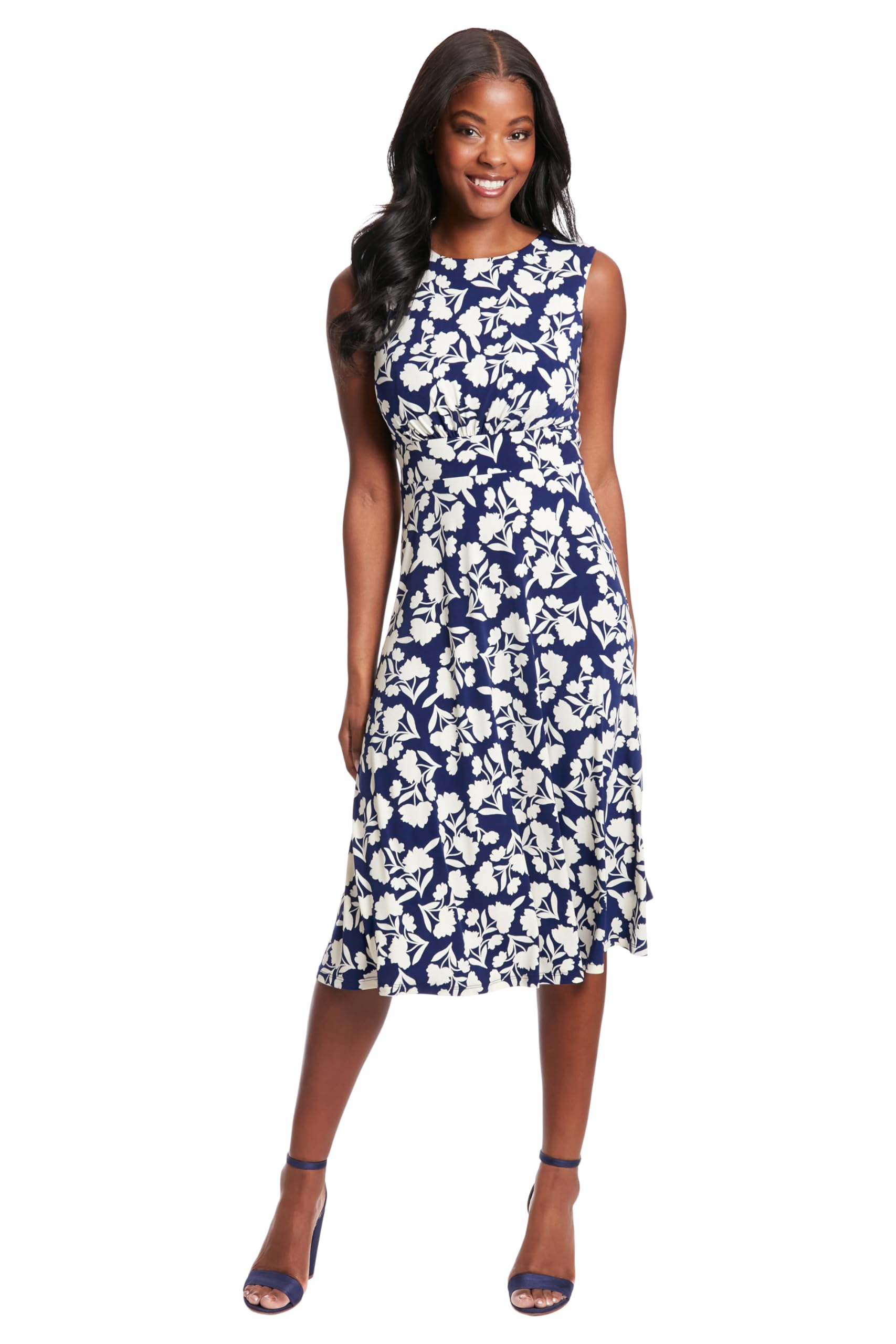 London Times Women's Sleeveless Inset Waist Midi Fit and Flare Dress