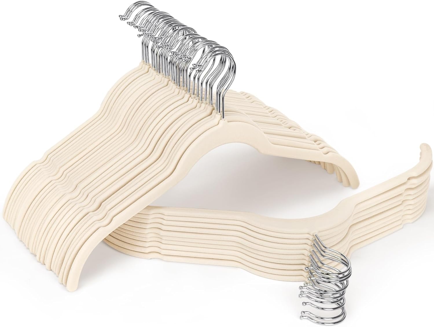 Beige Velvet Hangers 50 Pack, Non-Slip Felt Hangers with Shoulder Notches, Slim Space Saving Clothes Hangers with 360°Swivel Hook for Shirts Heavy Coats Clothes Dresses Closet(Beige)