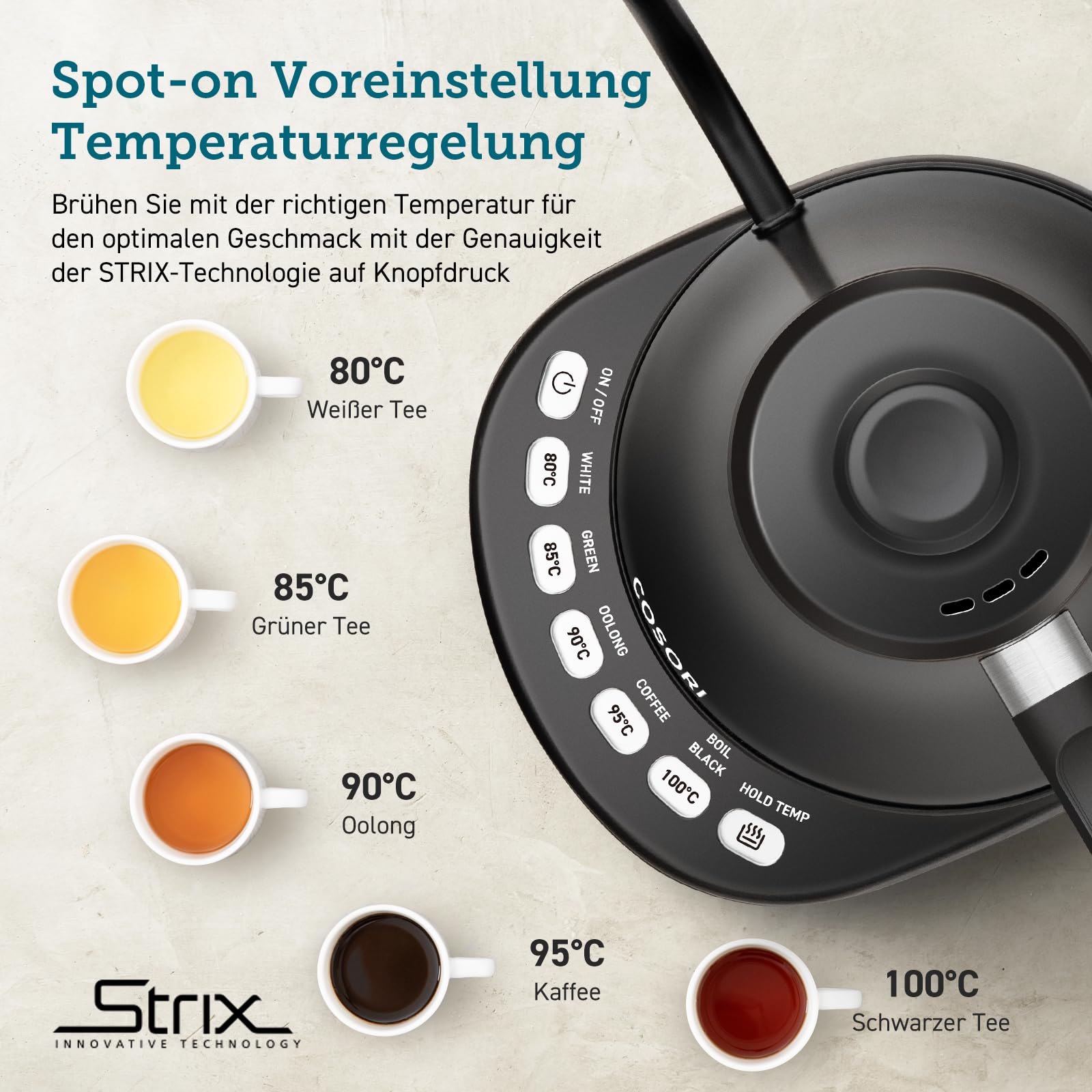 COSORI Wasserkocher Edelstahl Schwanenhals, 0,8 Liter, mit Temperatureinstellung, 80℃ bis 100℃, Warmhaltefunktion für 60 Min, Anthrazitfarben