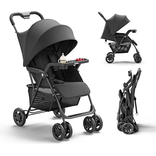 Lightweight Umbrella Stroller, Travel Stroller with Near-Flat Recline & Snack Tray, Compact Folding with One Hand, UPF50+ Sun Canopy, Theme Park Approved