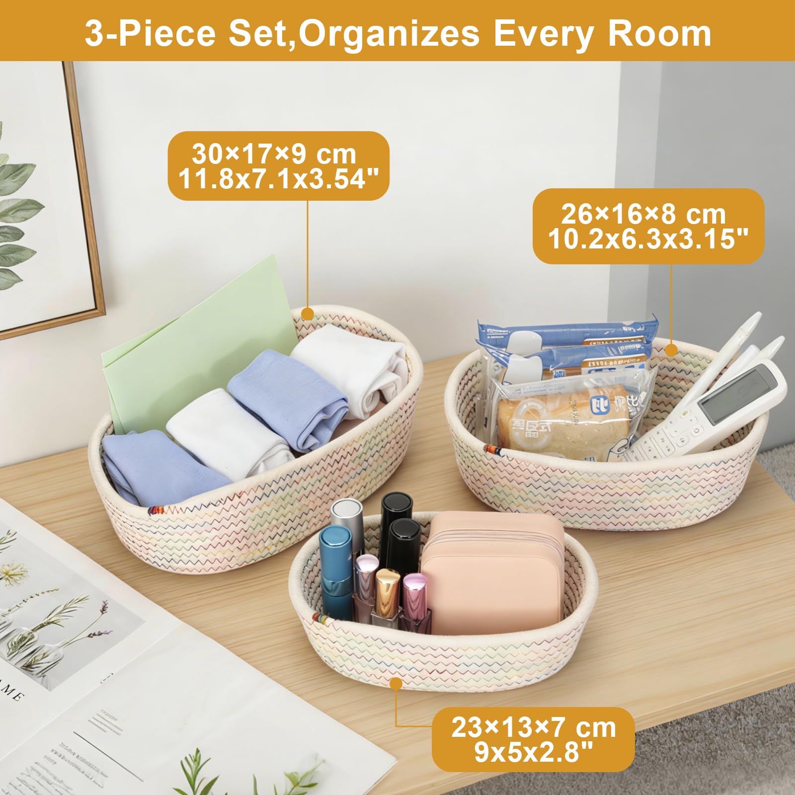 VINATO Cestino Portaoggetti, Set da 3 Cestino Bagno Multifunzione Organizzatore (3 Misure) - per Bagno, Cucina, Camera dei Bambini e Decorazione