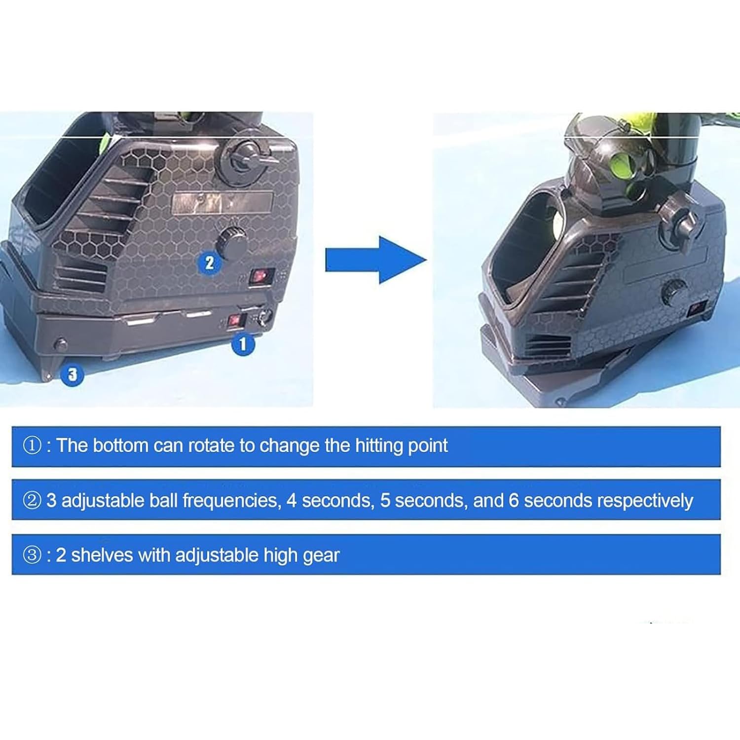 Lanceur de balles de tennis avec fréquence réglable et rotation automatique, capacité 30 balles