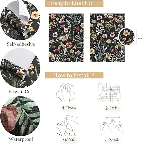 Miniatura 26 de Orainege Papel tapiz para despegar y pegar, papel tapiz floral en blanco y negro, autoadhesivo, papel de contacto floral, extraíble, decorativo