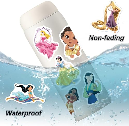 Miniatura 5 de Calcomanías de princesa de dibujos animados para botellas de agua, 100 piezas de vinilo lindas calcomanías de princesa de dibujos animados para