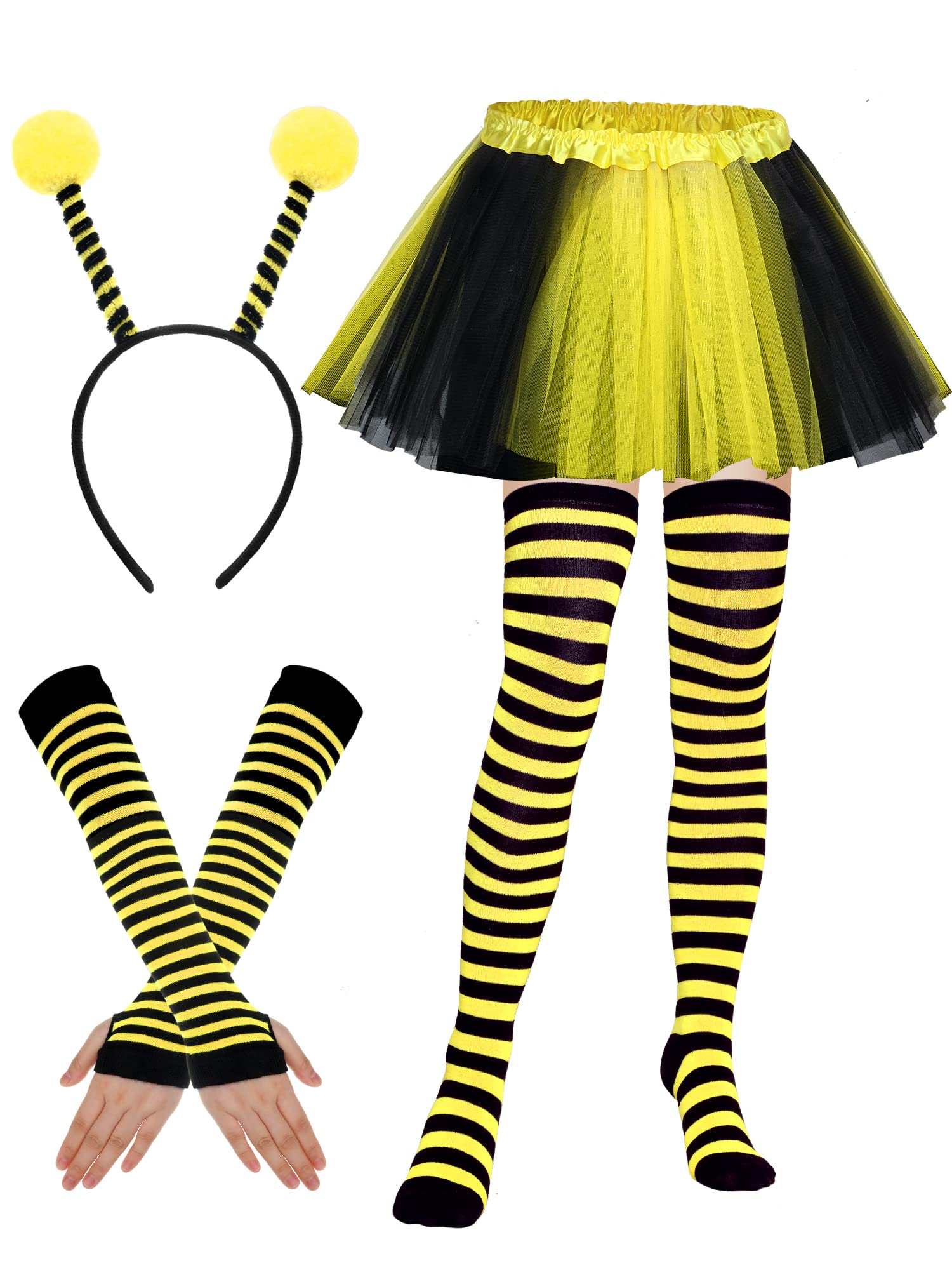 Bee Costume Kit, Bee Bopper Antenna Headband Tutu Skirt Bee Striped Leg Warmers Knee Thigh High Stocking Long Gloves