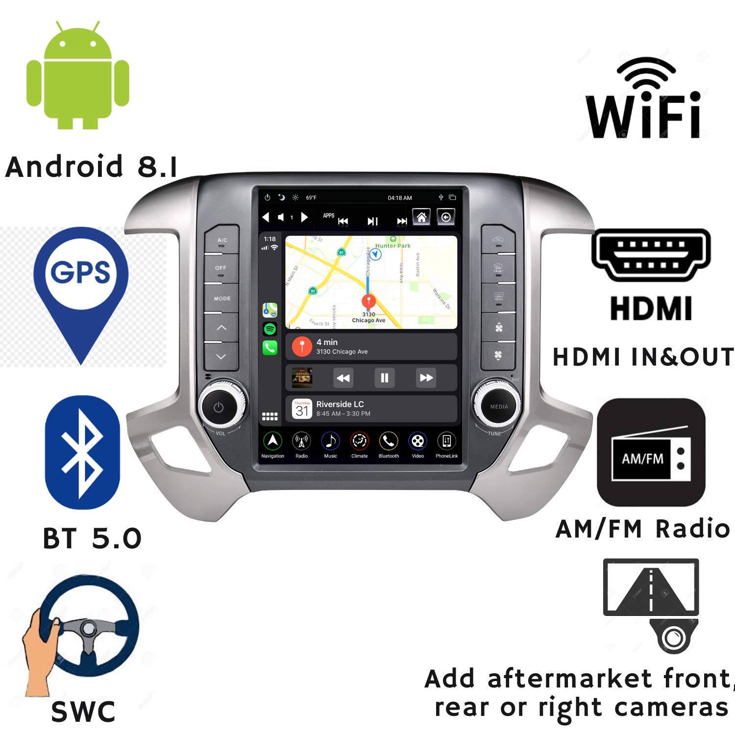 LINKSWELL GEN IV Android Radio Replacement Head Unit Fits for Chevrolet 2014 to 2019 Silverado and GMC 2014 to 2019 Sierra Car Stereo Navigation 12.1 Inch Touchscreen with WiFi/BT 4GB+32GB UNIMEAUTO