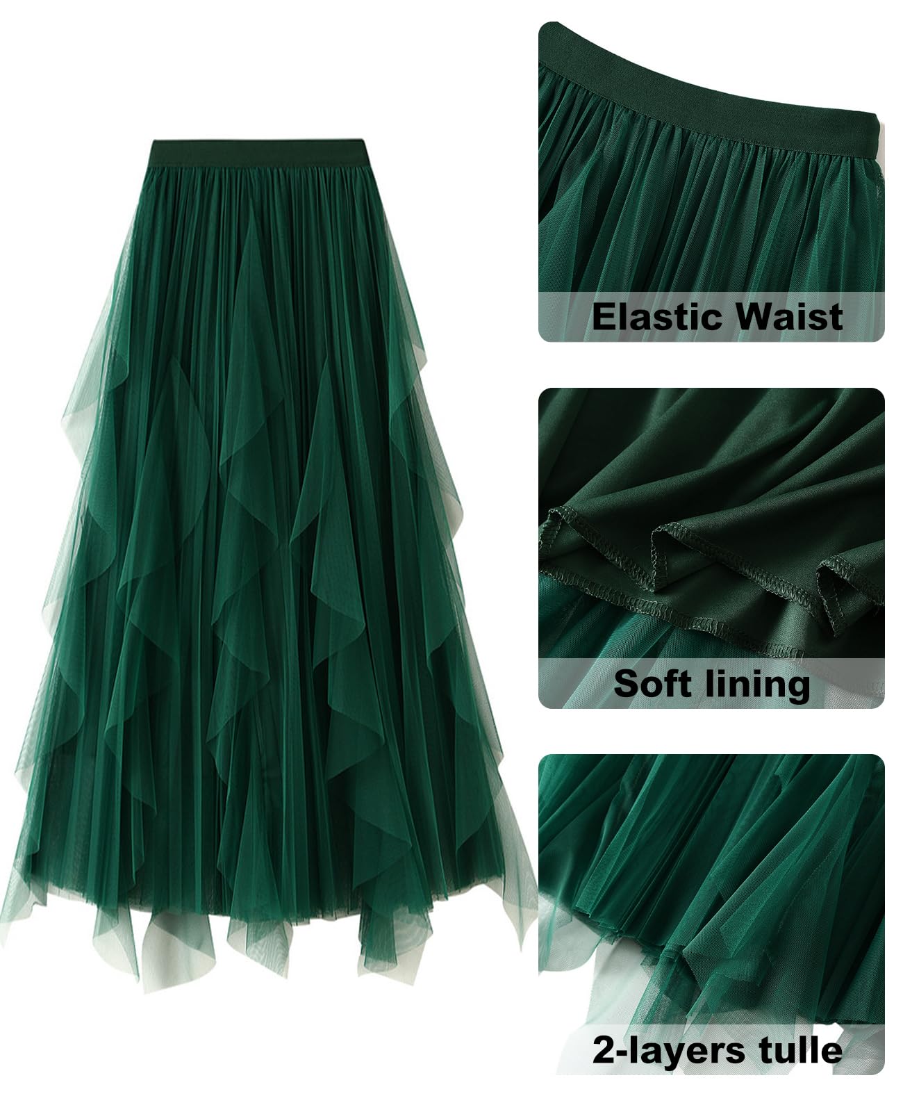 Faldas de tul para mujer, falda tutú escalonada de malla, cintura elástica alta y baja, falda de tul midi para fiesta, Hada Verde, Talla única