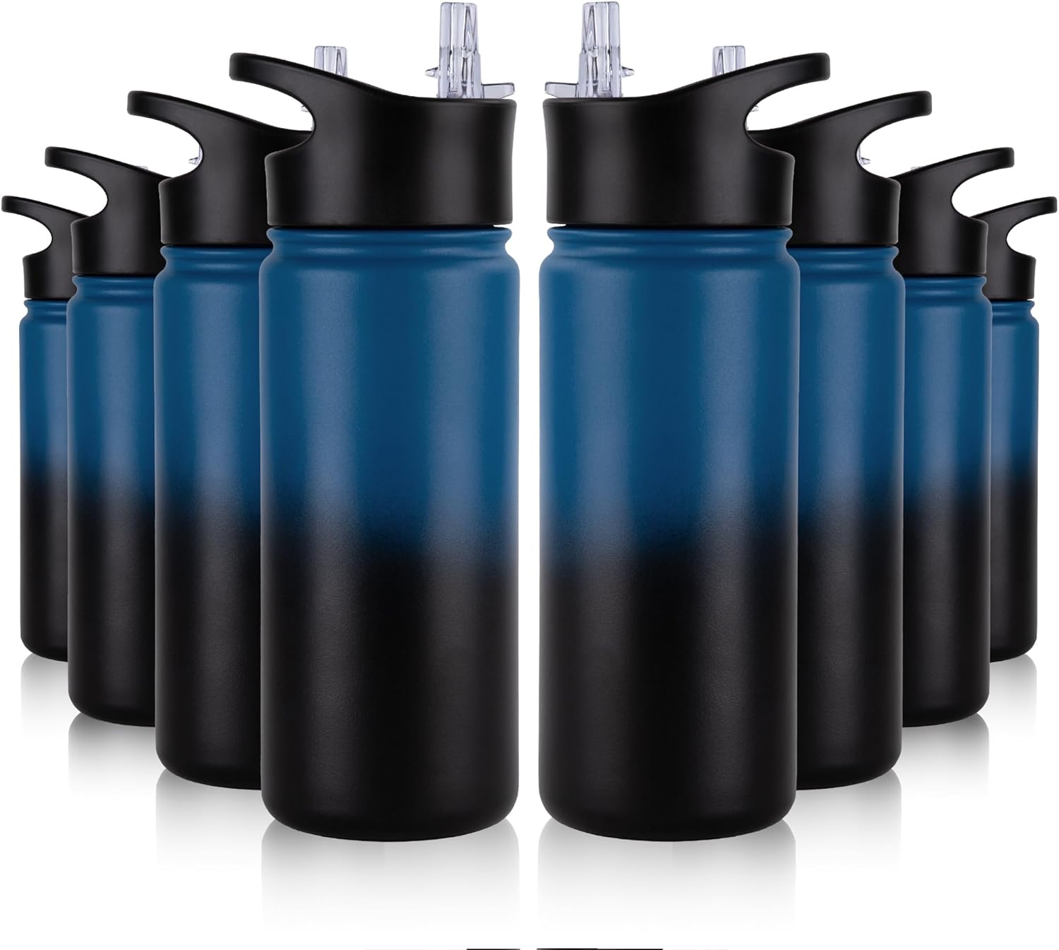 16 oz Insulated Water Bottle Bulk 8 Pack, Straw & Spout Lid, Keep Cold 24H, Spill Proof, BPA-Free, Double Wall, Stainless Steel Kids Water Bottles for School, Sports, Blue Black Gradient