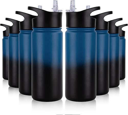 Miniatura 76 de Paquete de 8 botellas de agua deportivas de acero inoxidable con aislamiento de 32 oz, botellas de agua con tapa de pajita y tapas de boca ancha,