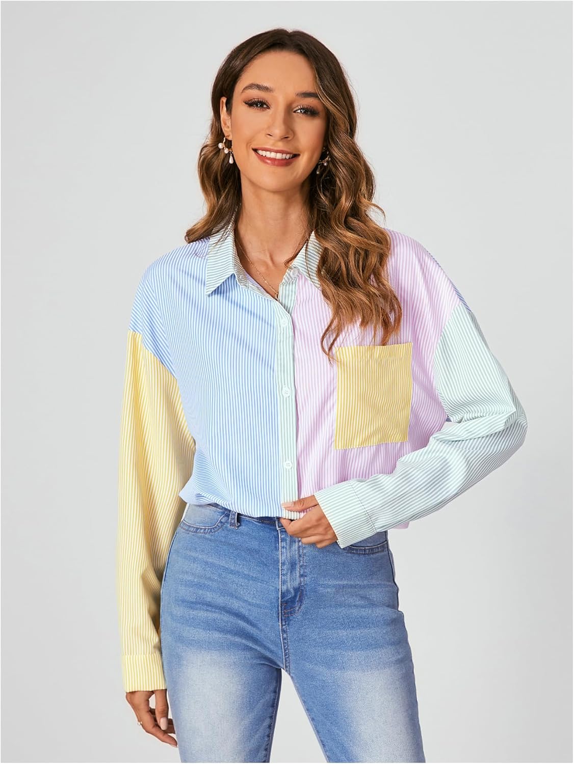 MakeMeChic Women's Striped Colorblork Blouse Oversized Collared Button Down Shirt Long Sleeve Top - Image 4