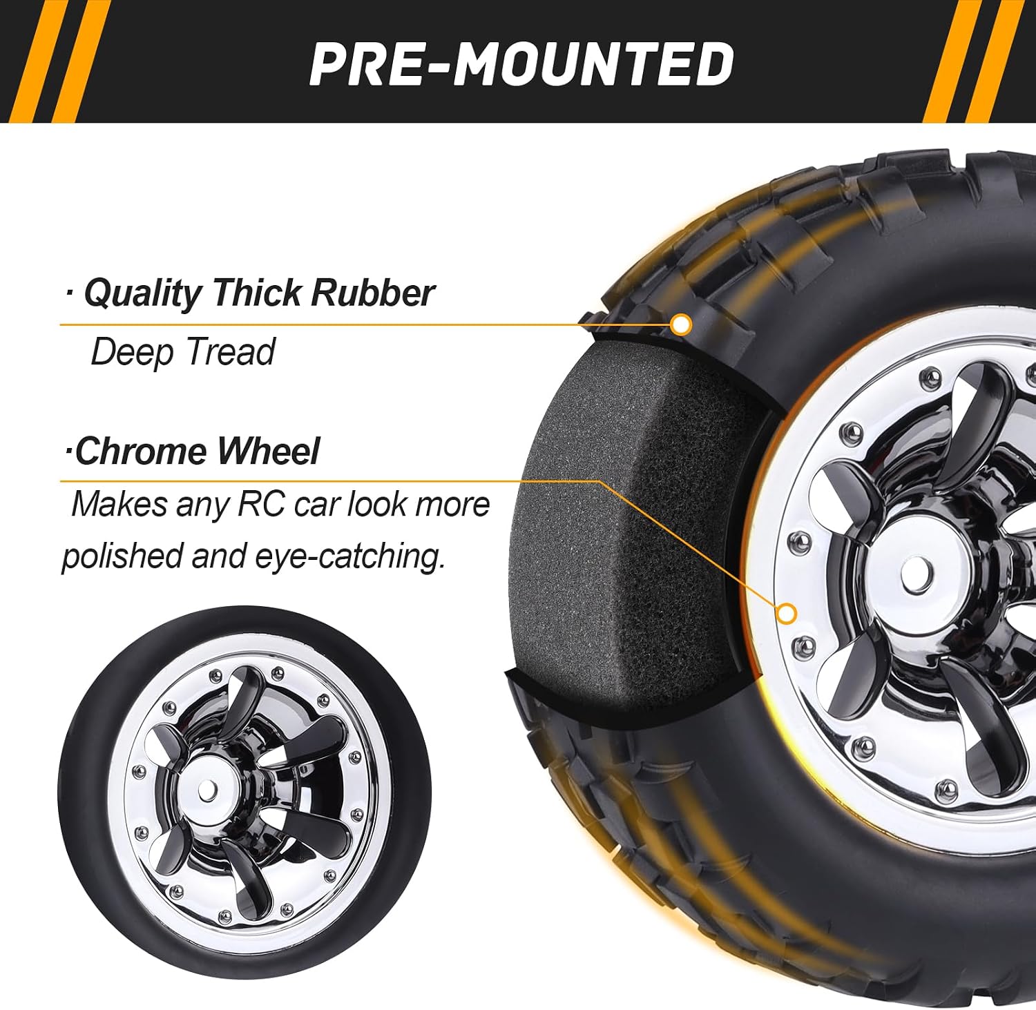 2.8“ Preglued Truck Wheels and Tires Chrome Rims for 1/10 Scale Traxxas Stampede Rustler VXL Hoss 4x4 2WD Redcat Volcano EPX Pro RC Monster Truck Brushless 3S 4S(Style A)