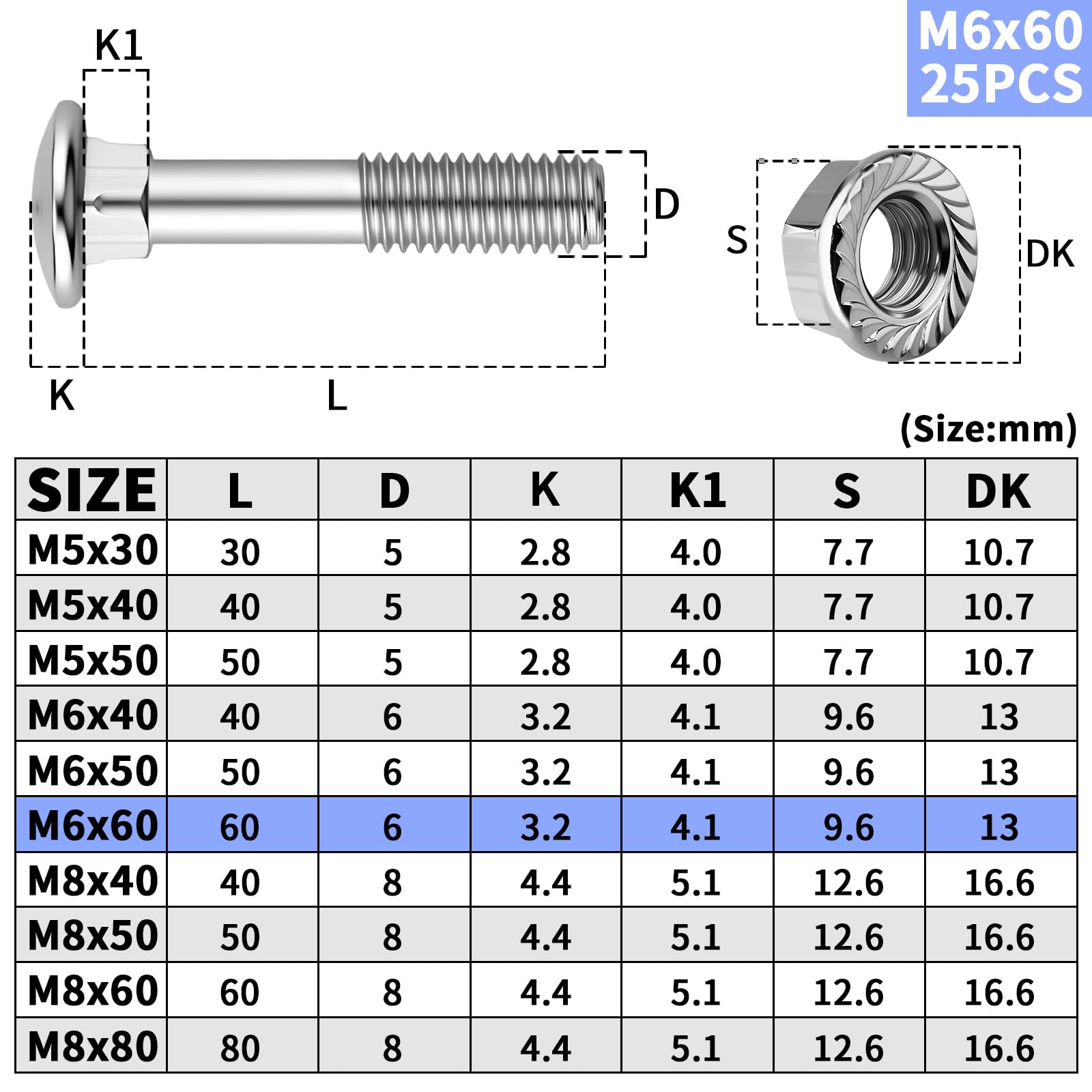 ddckj M6 Coach Bolts M6 x 60 mm Carriage Bolts 25 Pcs Coach Bolt with Flange Hexagon Nuts,for Industrial Machinery Construction Home Decoration - Image 2