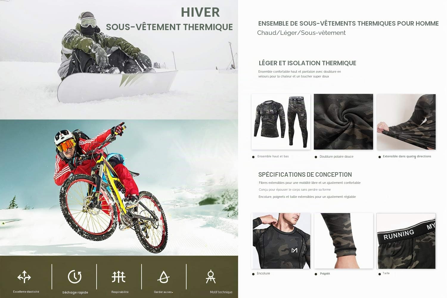 MEETYOO Ensemble de sous-Vêtements Thermiques Homme, Sport Base Layer Maillot Manches Longues + Pantalon Quick Dry Sou Vetement pour L'entraînement Ski Running Randonnée