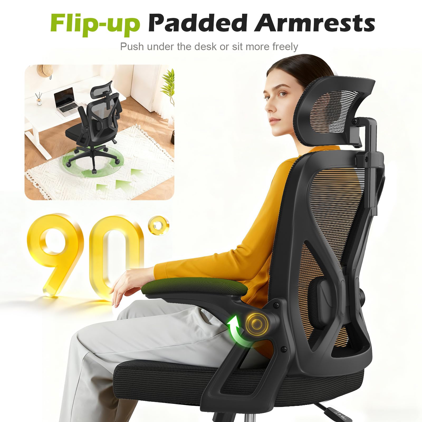 Bürostuhl, ergonomischer Schreibtischstuhl mit gepolsterter Lendenwirbelstütze und hochklappbaren Armlehnen – Computerstuhl mit hoher Rückenlehne, verstellbarer Kopfstütze und bequemem Sitzkissen zum