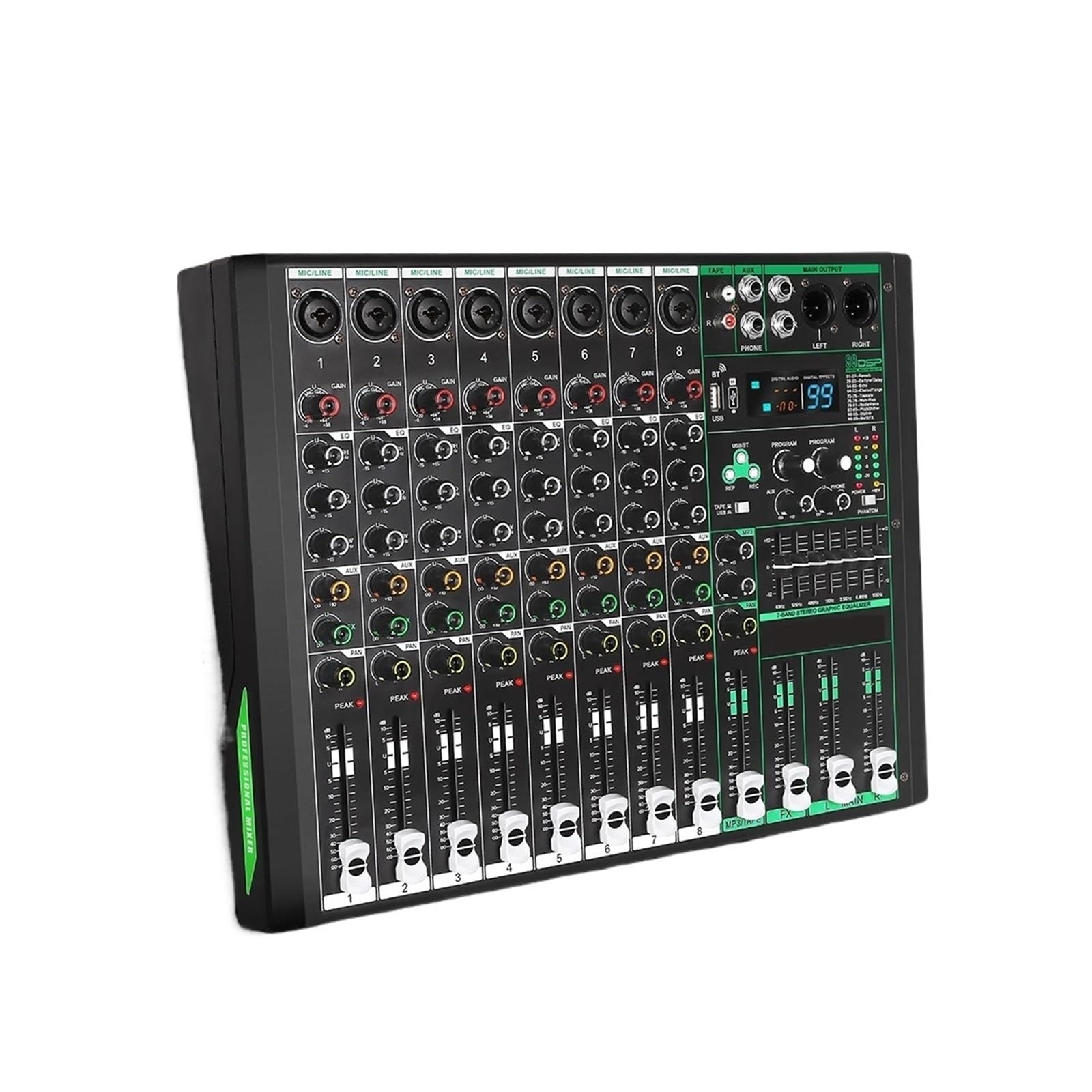 Mikser audio, 8-kanałowy mikser audio mono, 99 efektów, 7-pasmowy korektor, 48 V, konsola miksująca DJ, nagrywanie USB, stół dźwiękowy do sta do karaoke w studiu