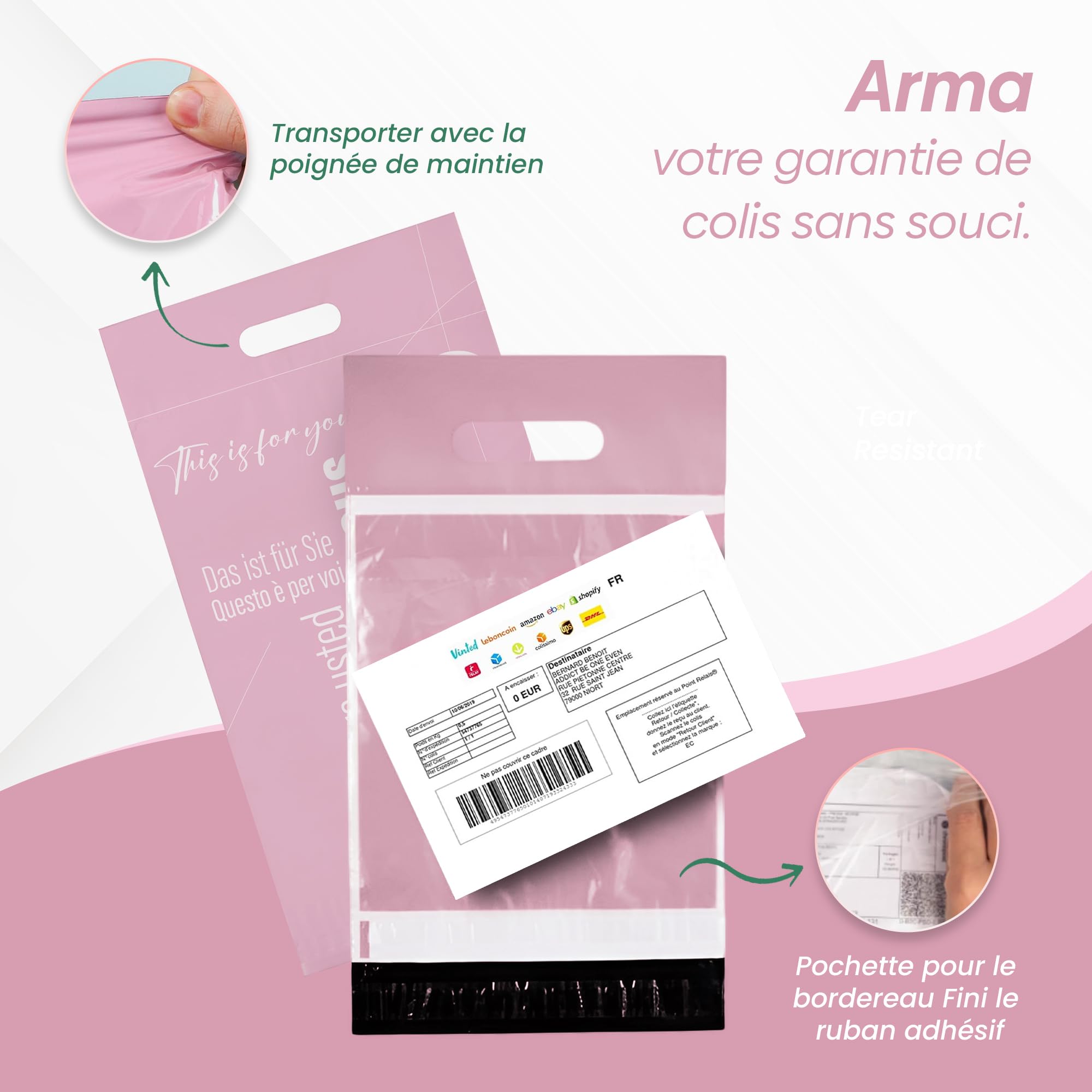 ARMA - Pack de 60 Pochettes d'Expédition Opaques et Auto-Adhésives avec Pochette de Bordereau - Résistantes pour Vêtements, Chaussures, Livres - Idéales pour Vinted et E-commerce
